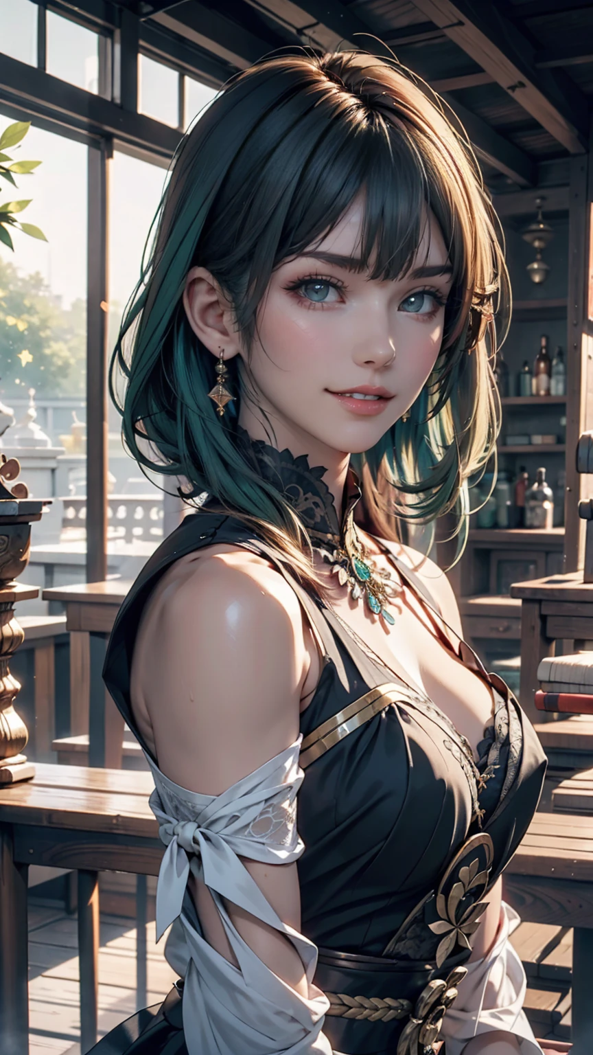 One person, alone, hair ornaments, Green Hair, Twin tails, Long Hair, dress, water,, Mid shot portrait photography (Farzan) From Genshin Impact,, Dark Fantasy Background, Charming grin., By Greg Rutkowski and Walt Disney、Extremely realistic, highly detailed and intricate photorealistic analog style photos。Eyes sharply focused, Cinema Lighting,, , ,超High resolution, High resolution, 8k