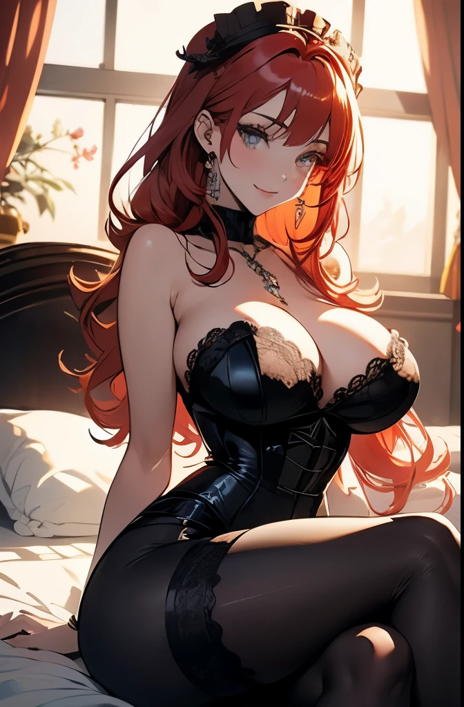 Anime, a glamour shot of a smiling Rias Gremory (Red hair), enormous breasts, big ass, Sitting demurely with her legs crossed on her bed, leaning toward the viewer, with Smokey eyes and knowing smile wearing a strapless sheer lace corset, white lace stockings, insanely detailed face and eyes, intricate, hyper-detailed bedroom, digital illustration, masterpiece, beautiful eyes, atmospheric lighting, centered, perfect anatomy, glowing eyes, candid portrait, clear, very detailed, smooth, sharp focus, focused on the viewer