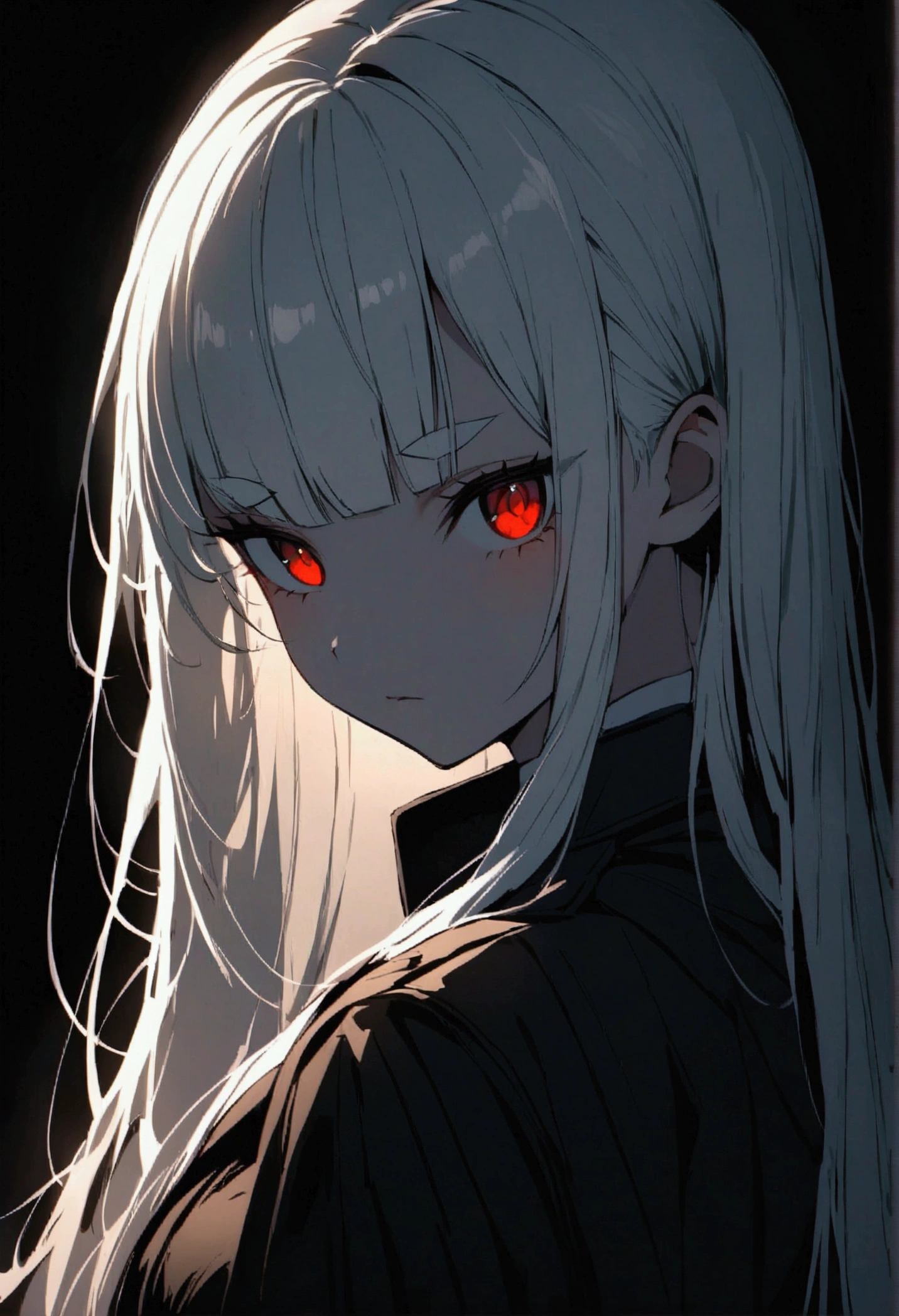 adolescent,latina,thick eyebrows, White hair, Long hair,perfect straight bangs hairstyle,clear skin,red pupils, Black gothic trench coat torn and worn,black cowoy hat ripped worn , dark room background,ambient light night,