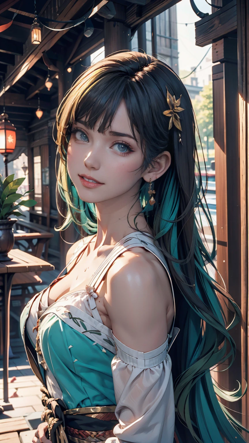 One person, alone, hair ornaments, Green Hair, Twin tails, Long Hair, dress, water,, Mid shot portrait photography (Farzan) From Genshin Impact,, Dark Fantasy Background, Charming grin., By Greg Rutkowski and Walt Disney、Extremely realistic, highly detailed and intricate photorealistic analog style photos。Eyes sharply focused, Cinema Lighting,, , ,超High resolution, High resolution, 8k