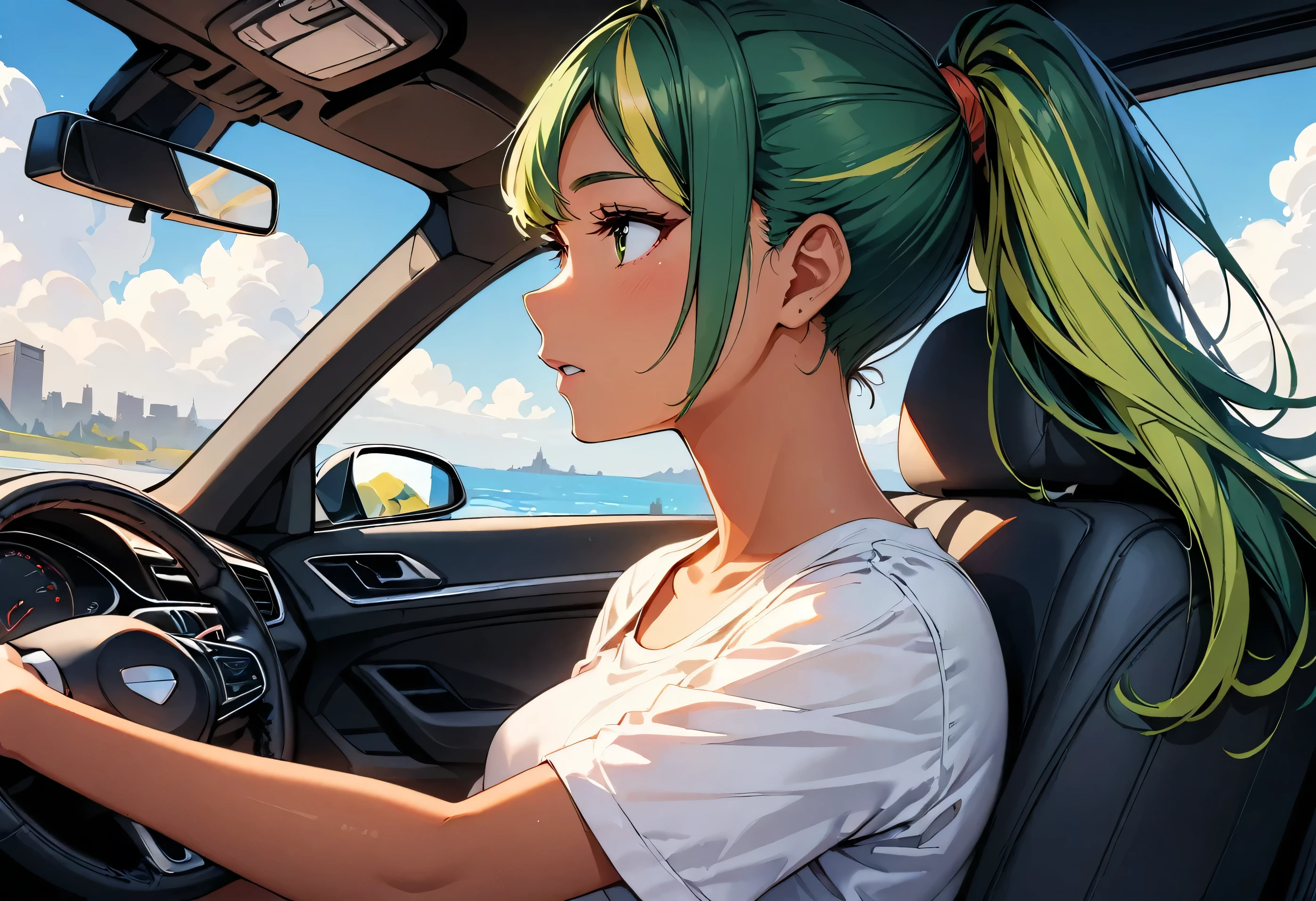(highest quality:1.2, Very detailed, up to date, Vibrant, Ultra-high resolution, High Contrast, masterpiece:1.2, highest quality, Best aesthetics), wide angle, Portraiture、girl、((25 years old:1.8)), (slim:1.2),Bright colors、Beautiful fine details、Beautiful lip detail、long hair, (ponytail:1.3), white and yellow green ((streaked hair:1.6)), highlights hair: 1.5, (small breast,:1) (tan skin:1.2), ((drive a car:1), sitting in the driver's seat), convertible car, blue sky and white cloud, black t-shirt, jeans shorts, looking ahead, side view