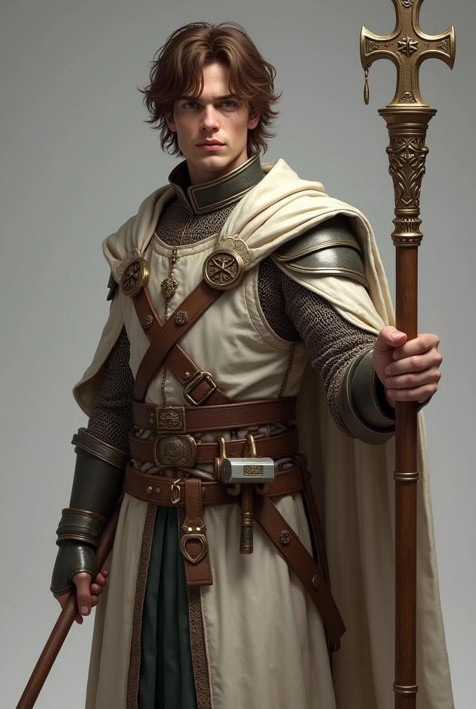 Adult RPG character with brown hair, cleric with light leather and chainmail armor, with a small hammer on their belt and holding a holy staff ( no magic or light emanating, just the character with the accessories and gray background).