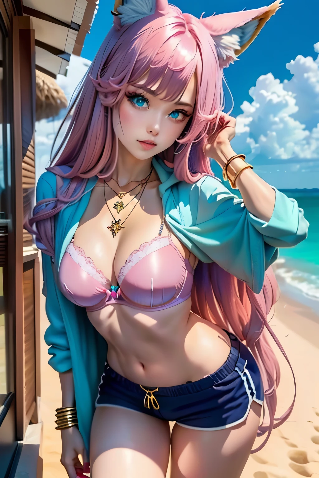 a girl, pretty long hair ,pink hair, blue color inner hair, fox ears, Shorts, bra, turquoise blue eyes, with a golden bracelet, a pink jewel necklace, em uma praia, high resolution, super detaill, 8k, Overview