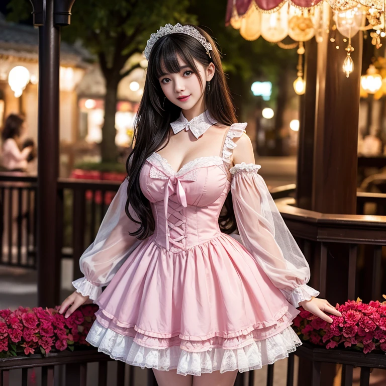 Side shot, Mature, , milf, mature women, 41 year old woman, Bow at the back of the waist, Skirt length to calf, cupcake dress, Layered skirt with lace on each layer, Wear a LOLITA dress, layered dress, Pink lolita skirt, lots of lace, Long sleeve, Wide sleeves, Big skirt, layered lace skirt, Puff sleeves, Wide sleeves, Transparent sleeves, intricate details showcase the ruffles and intricate designs of the Lolita dress, Wearing a lolita dress, in the amusement park, at disneyland, best quality, Delicate face,beautiful visual work, lifelike, eternity, black hair, Long curly hair, blunt bangs, Smile, Detailed Background, Delicate face,blush,cold,((masterpiece))、(top quality)、8k、high detail、Super detailed,41-year-old female, masterpiece、born、Scenes resembling fairy tale illustrations、intricate details和複雜的設計、Beautifully、magic、capricious、 Beautifully、Dream aesthetics、「𝓡𝓸𝓶𝓪𝓷𝓽𝓲𝓬、ethereal、charming、fickle、magic」、realism、Visual effects、FXAA、SSAO、Shader、voiceless、ambient lighting、Tone mapping、High resolution、Ultra high quality、Million pixels、(8K resolution:1.10)、8k、8k以下、8K resolution、high detail、intricate details, (high quality:1.2、masterpiece:1.2、:1.21)、(41-year-old female:1.21)、(興奮地Smile)、(Surrounded by a dreamy atmosphere、Model diagram,full-body shot,Normal 2 feet,Put your hands behind you,The protrusion of the breast is visible when wearing clothes, Large Breasts, H cup chest, pink clothes, Don't show your fingers, full-body shot, full-body shot,full-body shot,full-body shot,full-body shot,full-body shot,full-body shot,full-body shot,hands hidden in clothes, hands hidden in clothes,hands hidden in clothes,hands hidden in clothes,hands hidden in clothes,hands hidden in clothes,hands hidden in clothes,hands hidden in clothes,hands hidden in clothes, ,hands hidden in sleeves ,hands hidden in sleeves ,hands hidden in sleeves ,hands hidden in sleeves ,hands hidden in sleeves ,hands hidden in sleeves ,hands hidden in sleeves ,hands hidden in sleeves, arms behind back, arms behind back