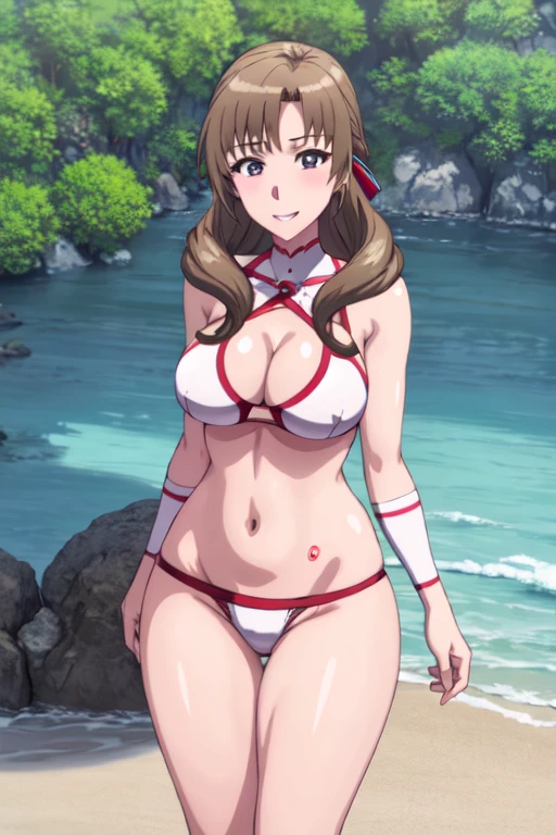masterpiece, best quality, beautiful art, high resolution, well formed hands, body and fingers, 1 woman, solo, Mamako Oosuki , 31 years old, full body picture, grown up, adult, large and big ed, cleava ornament, wearing a Tyris Flare outfit ,  white_bikini, full body, sexy and skimpbikini, gorgeous  hips, legs and thighs bouncing breasts, red bootis doing exercise at the beach, seductive face, warming up, working out, sexy and captivating trang, smiling joyfully and happily , looking at the viewer, cowboy shot on her bouncing breasts and red thong, sweabouncing breasts, training montage session,environment 