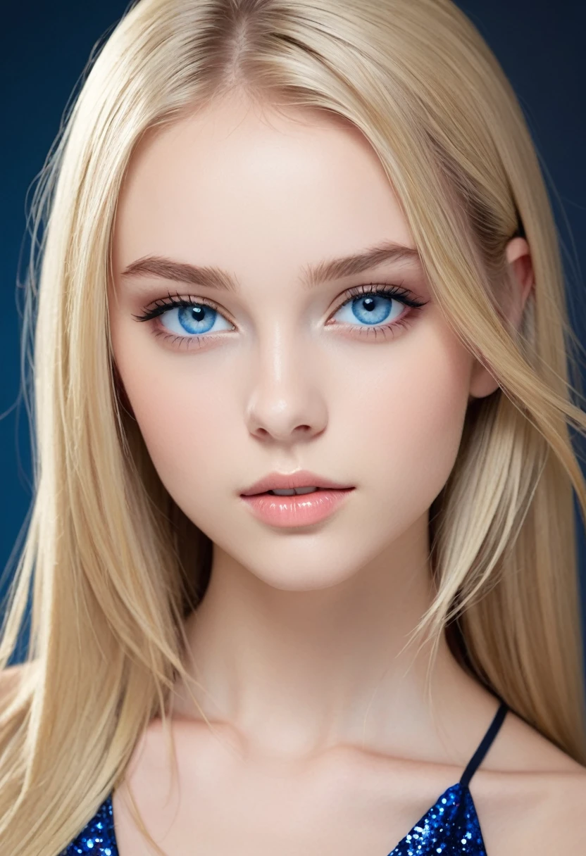 blonde teen, attractive and seductive expression, blonde straight hair, forehead, blue eyes, superlative body proportion, wearing dress