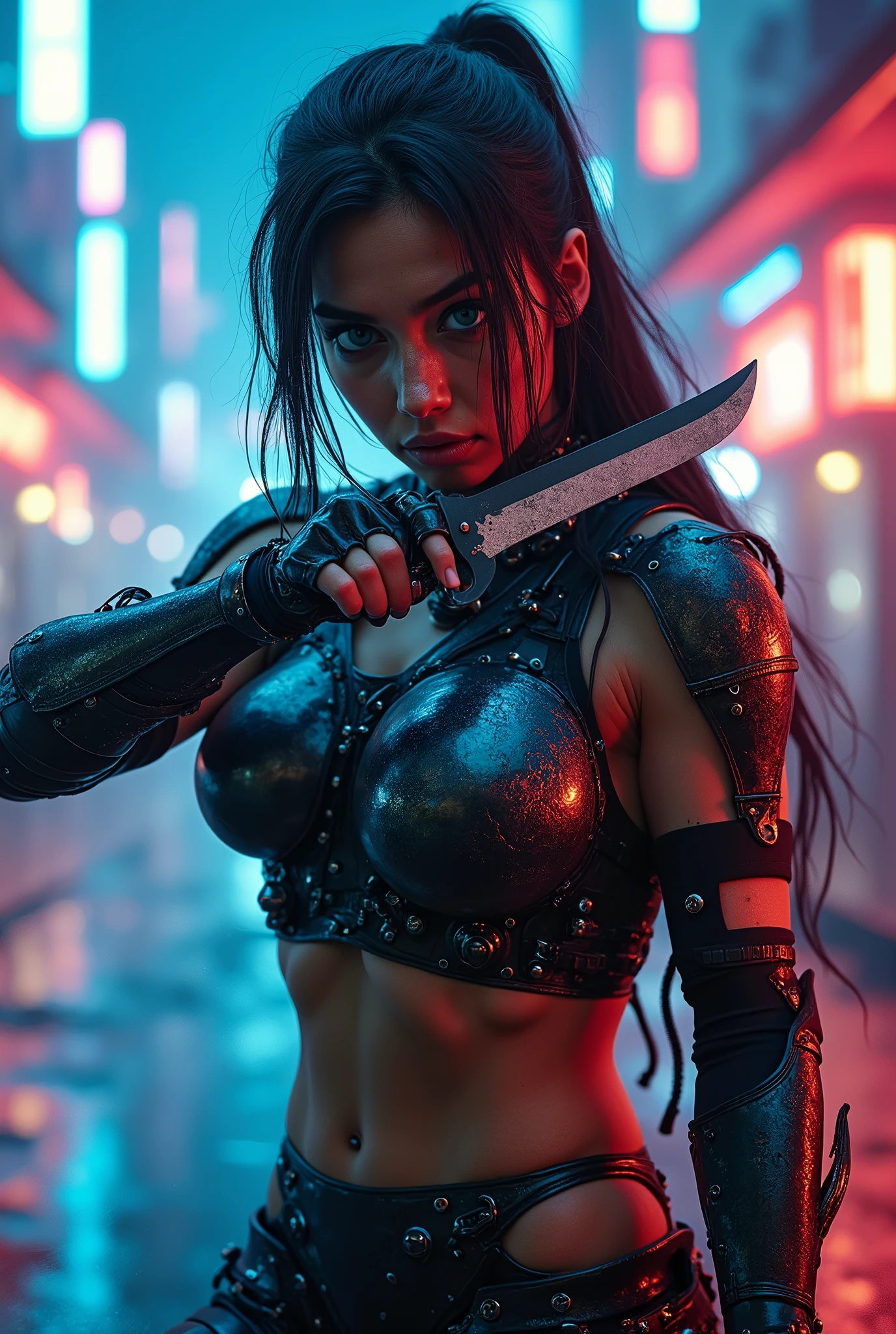 (masterpiece, photorealistic:1.4, extremely intricate:1.3), (photon mapping, radiosity, physically based rendering, ultra resolution, hyper-realistic, photorealistic:1.4, hyper-realistic, 8K), ((((humid age 20year, [bodybuilder:supermodel:0.8], (wide eyes, long lashes, battle-damaged translucent glossblack breastplate armor:0.8, etched, engraving)), [makeup:freckles:0.7])), blue eyes), angry, arrogant, BREAK, ((background is a futuristic neon cityscape, ((she is a juggernaut, muscular), mechanical arms, mechanical hips, wires, wiring, ((glowing cybernetic chrome crystal reflections, lunging, brandishing serrated obsidian dagger, chrome cyborg headband), dynamic karate action pose, faraway battlemech mecha), long straight ([dark hair:glossblack hair:0.7], volumetric, shadows)))
