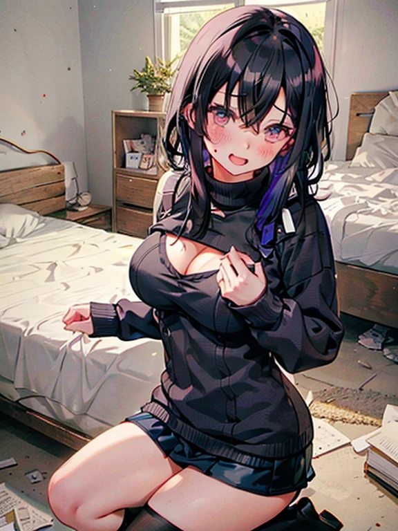 ((Highest quality)), ((masterpiece)), (detailed), One person,Age 25,(Black knit sweater),(mini skirt),Shoulder Bare,Big Breasts,blush,Underbust,(Her cleavage is visible),(Excited expression),(Seduce),night,indoor,Remains,nightのRemains,Dim lighting,(In a dimly lit room),(In a messy room),Browsing Caution,sexy,dirty,Sweat,(Black knee-high socks),