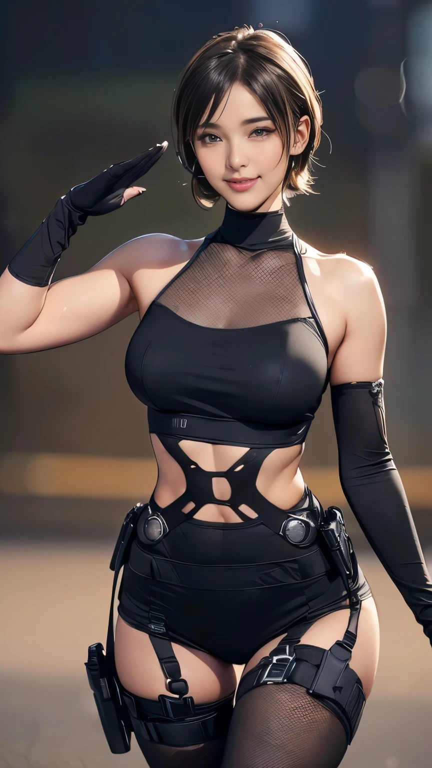 (A woman),(((A woman salutes with her right hand.:1.5))),(((Straighten the left hand:1.5))),((Black tactical tights:1.5)),((Black headphones:1.5)),((Black tactical holster:1.5)),(Black Gloves:1.5),(Smile:1.5),(short hair:1.5),(beautiful eyes:1.3),(Very detailedな顔:1.5),((Very detailedな女性の手の描画:1.5)),((muscular:1.5)),(Sexy appearance:1.5),((Thick thighs:1.5)),(Beautiful Body:1.5),((Very sensual:1.5)),(Background is the city:1.5),(((Blurred Background:1.5))),(Written border depth:1.5),rest(((masterpiece:1.5),(best quality:1.5),(Very detailed:1.5),(high resolution:1.5),(Practical:1.5),(Practical:1.5),(Delicate depiction),(Carefully drawn))),8K,wallpaper
