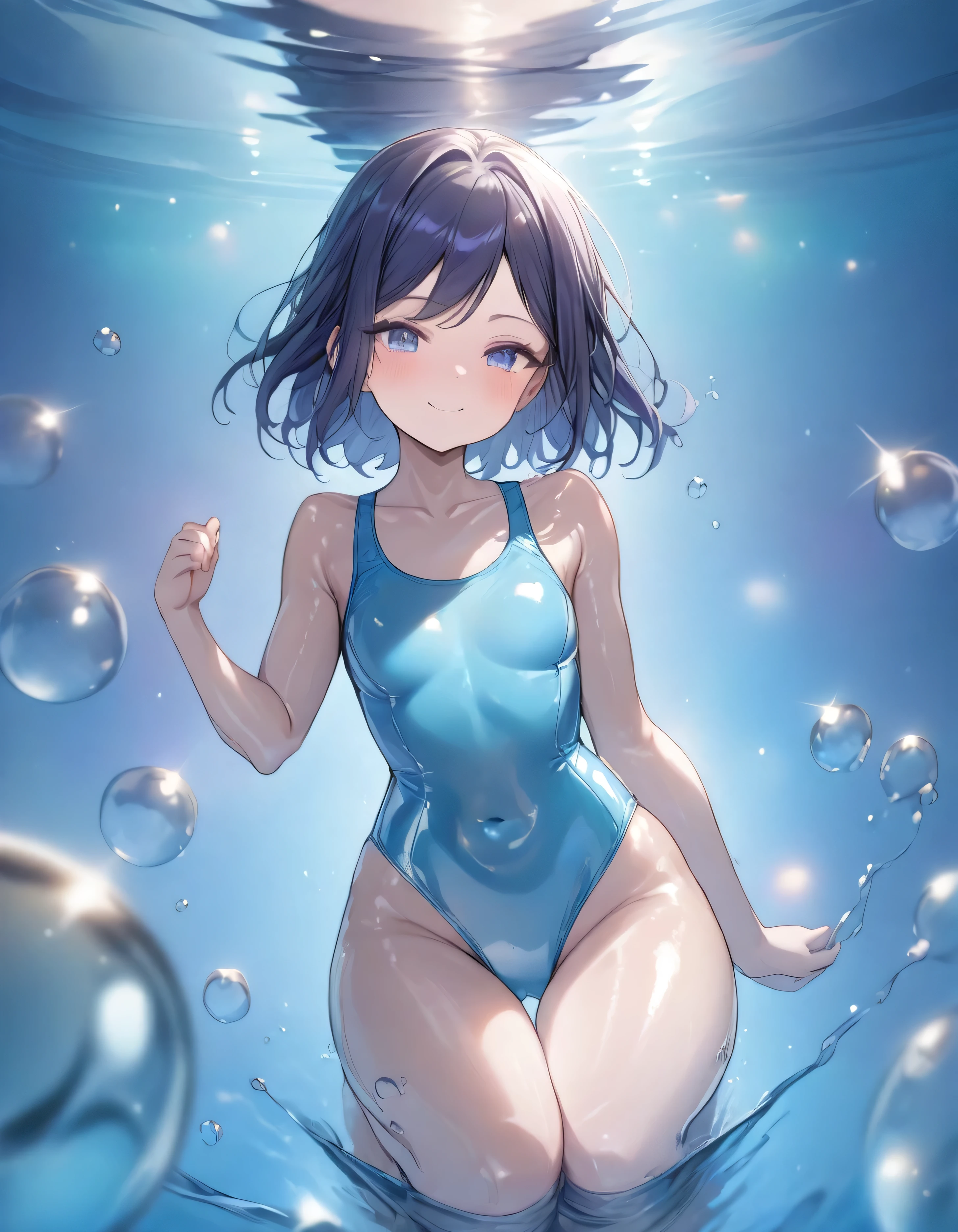 Create an anime-style illustration of a 1７-year-old girl named Shizuka. She has long, straight, blue hair with bangs cut straight across her forehead. She has large, almond-shaped silver-blue eyes and porcelain-like white skin. Shizuka often wears glasses.(Very detailed, 8k, Highest quality, Super detailed, masterpiece), Deep underwater, Lots of bubbles, A sea of gradient colors from blue to light blue, Nice, bright, Light shines through the water, Sweetly smiling、 Floating in deep water, Glossy shiny one-piece swimsuit, One-piece swimsuit made of glossy reflective material, pastel, Lens flare, Soft gradient　