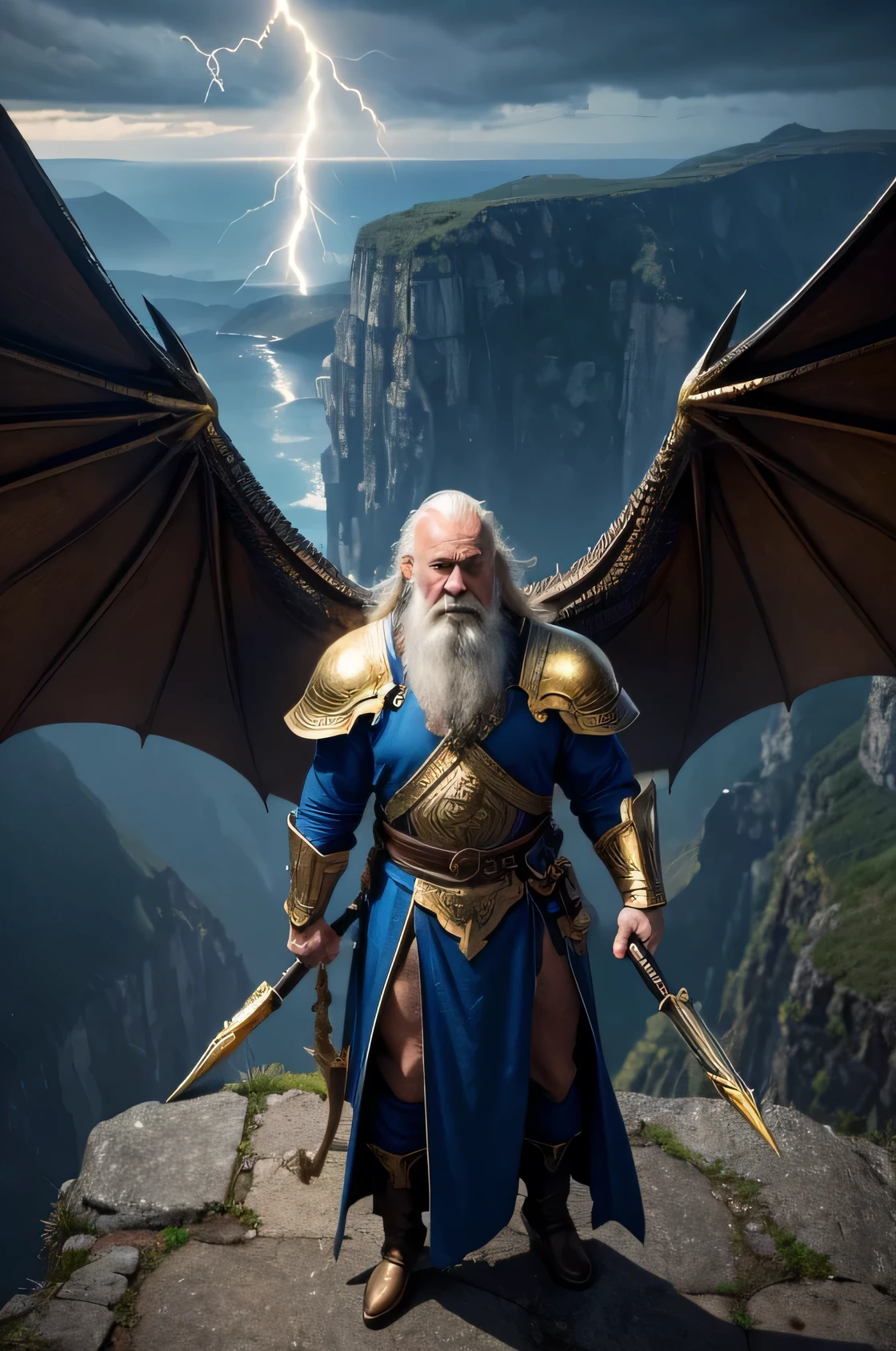 from above, An old man with long hair and a beard, holding a golden staff, dressed in blue with golden armor, is falling with a black, blue-eyed, winged dragon towards a wizard's castle palace on the edge of a cliff, at the end of the world, in the evening, commission for, Realistic image, Ultra realism, perpfect detail. hyper realistic, 4k, ALREADY. ultra detail, Hyper maximalism, fantasy, Badass, very detail, lightning and rain,