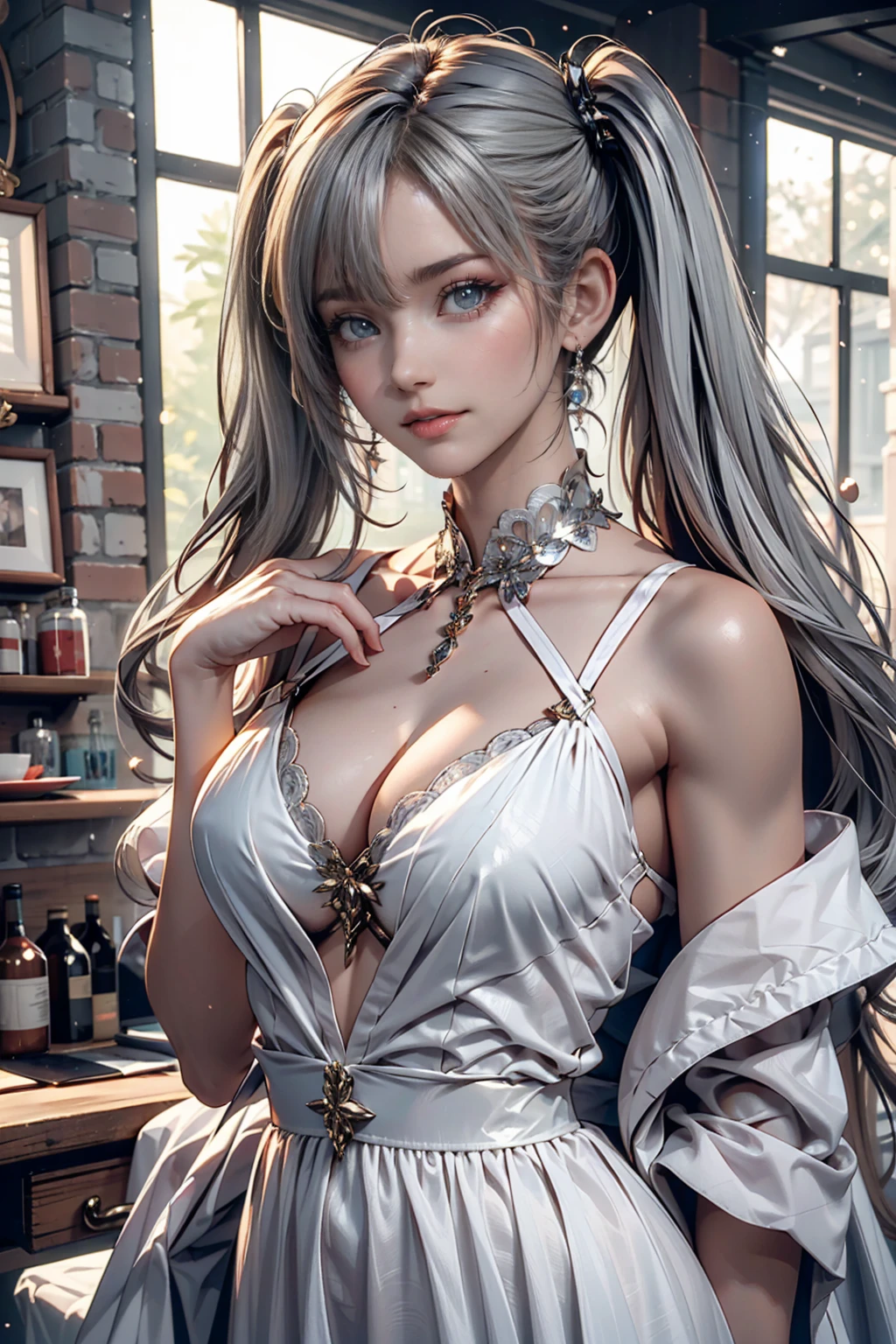 (masterpiece, Highest quality, High resolution: 1.2), 1 person, alone, Twin tails, Grey Eyes, Upper Body, dress, Silver Hair