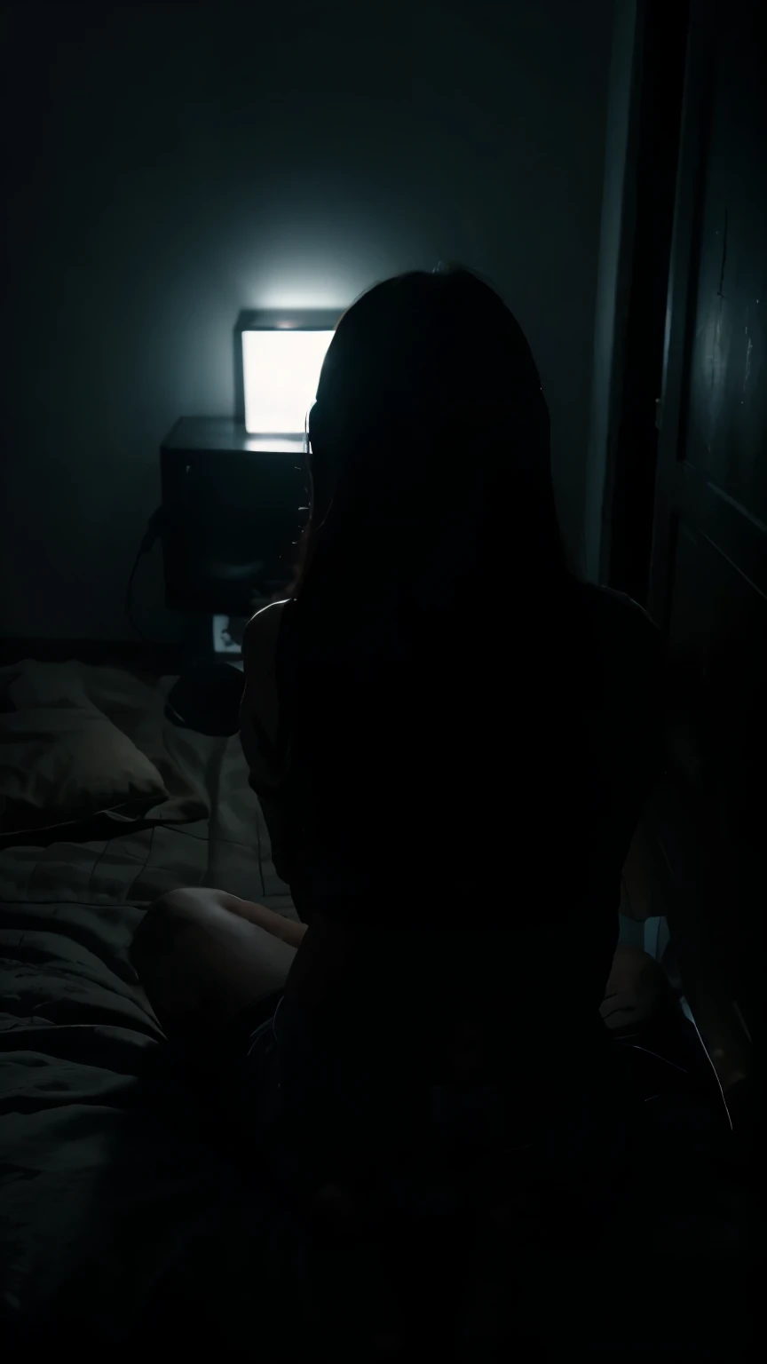 (horror vibes) (horror movie artwork) a third person camera on a back perspective of a dark and obscure room on a scene of a sitted on a depressive pose covered in your bed watching a old 80s tv being the only lighting element on a dark room