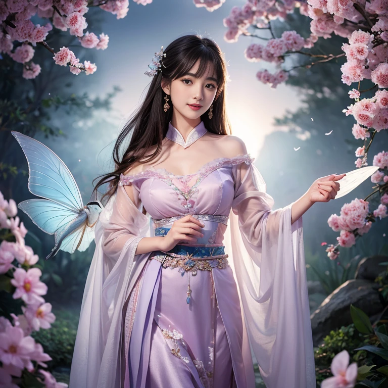 best quality, Delicate face,beautiful visual work, lifelike, eternity, black hair, Long curly hair, blunt bangs, Smile, Detailed Background, Delicate face,blush,cold,((masterpiece))、(top quality)、8k、high detail、Super detailed,21 years old female,Wearing Tang Dynasty Hanfu、waist skirt, Clothes are light and fluffy,Hanfu, wide sleeves, Transparent sleeves, Tunic, Clothes made of chiffon, Seductive and whimsical style、masterpiece、born、Scenes resembling fairy tale illustrations、Intricate details and complex designs、Beautifully、magic、capricious、 Beautifully、Dream aesthetics、「𝓡𝓸𝓶𝓪𝓷𝓽𝓲𝓬、ethereal、charming、fickle、magic」、Realism、Visual effects、FXAA、SSAO、Shaders、voiceless、ambient lighting、Tone mapping、High resolution、Ultra high quality、Million pixels、(8K resolution:1.10)、8k、Below 8K、8K resolution、high detail、intricate details, (high quality:1.2、masterpiece:1.2、:1.21)、(21 years old female:1.21)、(Smile excitedly)、(Surrounded by a dream-like atmosphere、Model diagram,full-body shot,Normal 2 feet,Put your hands behind you,The protrusion of the breast is visible when wearing clothes, Large Breasts, H cup chest, antiquity, Xian Xia, gauze clothes, Soft and fluttering, Fairy, dream, fantasy, light, elegant, nature, Immortal, romantic, classical, ribbon, light purple clothes