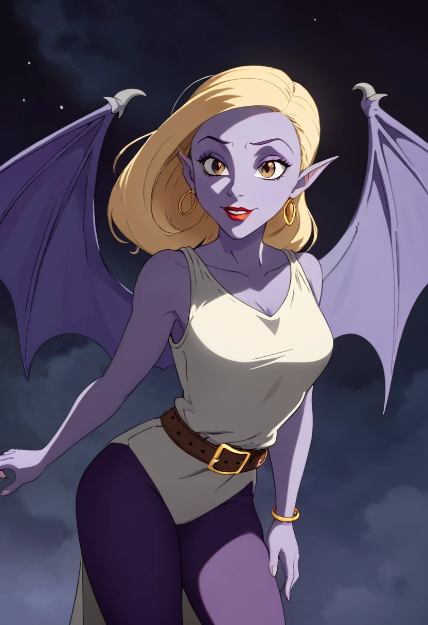 1990s gargoyle in the animation style of Gargoyles: The Goliath Chronicles. female gargoyle character with a humanoid form, lavenderskin, and bat-like wings. She has a sleek, build with sharp claws on her hands and feet, pointed bat-like ears, and a long, slender tail. Her face is sultry with large, almond-shaped eyes, a defined nose, and a soft jawline. She wears a cream-colored tunic with a golden belt at the waist, along with gold hoop earrings and a gold bracelet. Her golden blonde hair is voluminous and styled in a braid that falls down her back. The setting should have a night-time, gothic atmosphere with dramatic shadows to highlight her confident and poised stance.
