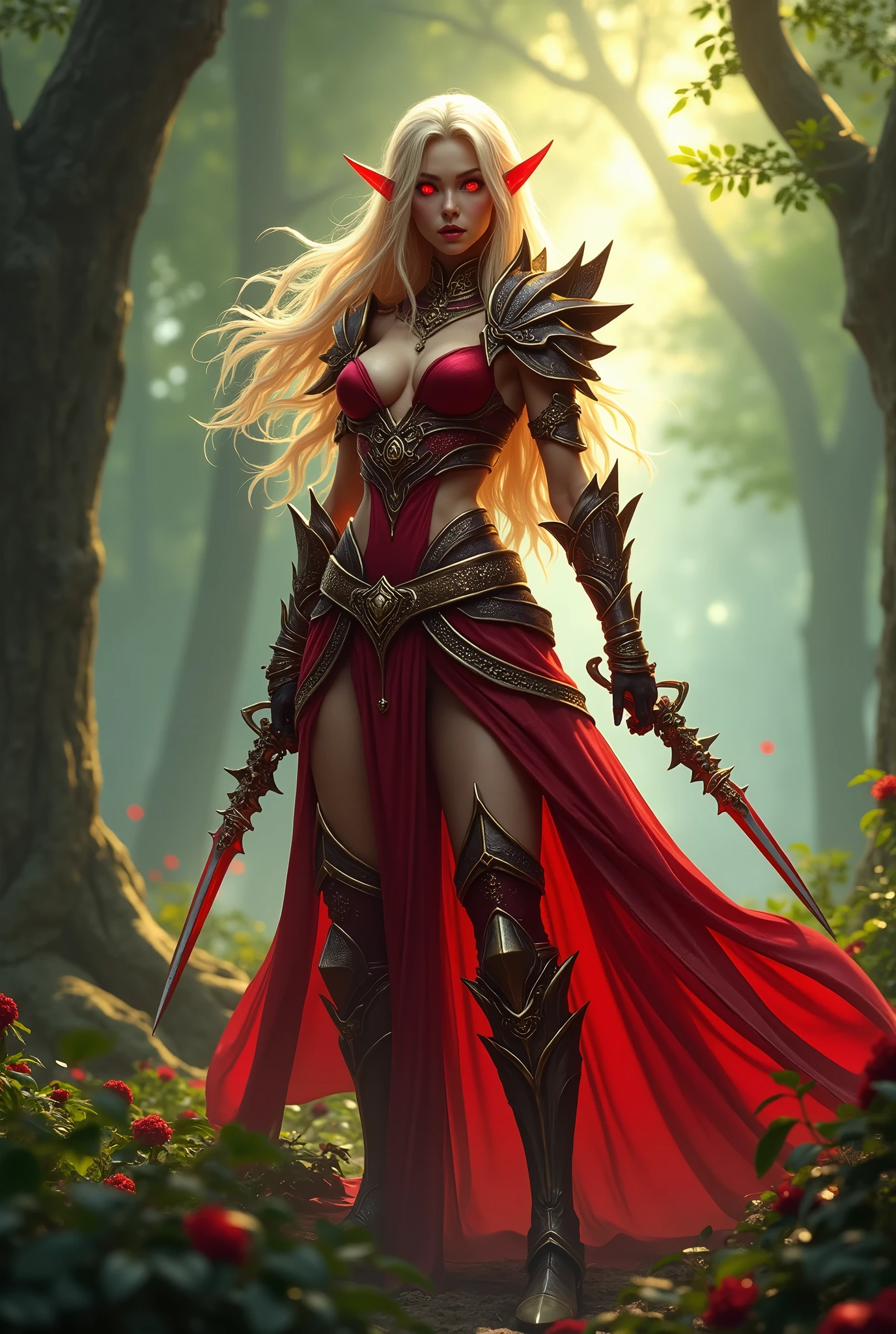 (masterpiece, photorealistic:1.4, extremely intricate:1.3), (photon mapping, radiosity, physically based rendering, ultra resolution, hyper-realistic, photorealistic:1.4, hyper-realistic, 8K), World of Warcraft (((blonde Valeera Sanguinar))) red rogue