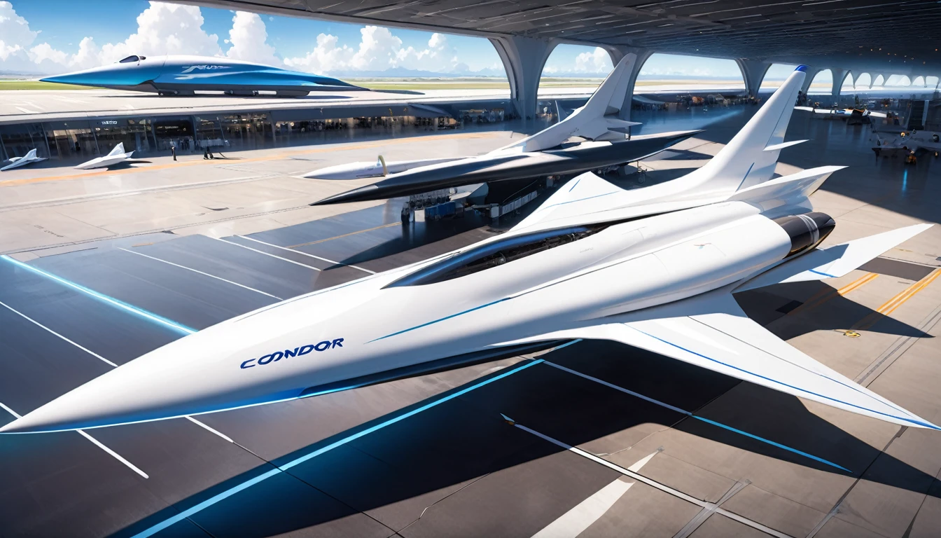 Space plane, Condor supersonic jet, Futuristic aerodynamic aircraft, spacecraft, Parked at a futuristic airport.