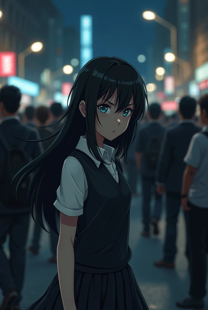 Realistic image. A girl with long black hair down with a side bang covering her light blue eyes, a serious expression in a school uniform, a white dress blouse with one button unbuttoned with a vest over it, her shirt was dirty as if she had just gotten out of school. a fight, but surprise as if he had seen someone he wasn't expecting. The girl was on the street walking through a crowd, going almost unnoticed on a dark night.
