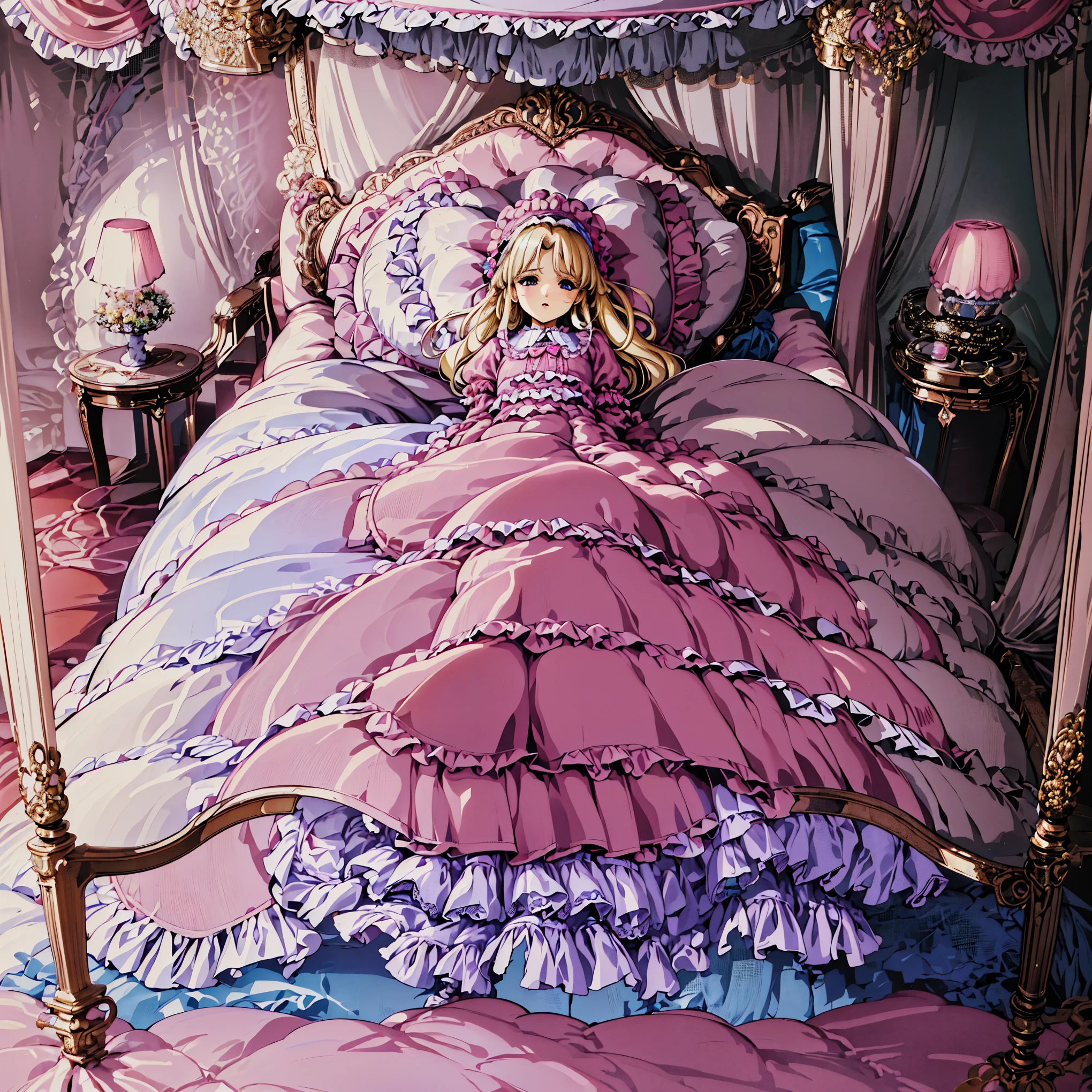 ,highest quality, masterpiece, Highest Resolution, artwork, super それにGet used to it, many Get used to it, Get used to it, それにGet used to it, 3K anime illustrations,(( girl)),Super detailed baby face,high quality small face,long blonde hair that grows to the waist,Blue eyes,White skinned European,pajamas, European,(((Super long blonde hair))),Curly Hair,Blue eyes,((((Pink fashion long skirt one piece dress)))),((Pink dress with lots of frills and ribbons)),((A gorgeous headdress with frills and ribbons)),Detailed headdress,,(((Large yoke collar))),Yoke collar with ruffles and bow,((((Long sleeve)))),Ruffle sleeves,((((Long skirt)))),White ruffle and lace socks,Large frill and ribbon pillow,(((Nice pink outfit))),On a luxurious canopy bed,Canopy bed,The bed is surrounded by luxurious curtains.,There were a lot of frilly pillows on the bed.,There are a lot of frilly pillows behind the girl.,Highly detailed background,Detailed bed,Soft pink comforter,Very fine soft frilly pillow,Beautiful girl illustration,Beautiful face in every detail,Thinning hair,Detailed eyes ,Detailed eyess,Mouth details, Arm details,Beautiful Hands,Detailed pillow,Large bed,Illustration on the bed, ,((((Round futon)))),((((A large frilly futon that covers the entire bed)))),Detailed comforter,Detailed bedシーツ,Before bedtime,Romantic atmosphere,Palace Bedroom,((((The lower half of her body is hidden under the duvet and her puffy skirt..)))) The girl is leaning against a pile of pillows, ,((((Round futon)))),((((A large frilly futon that covers the entire bed)))),((((No shoes)))),