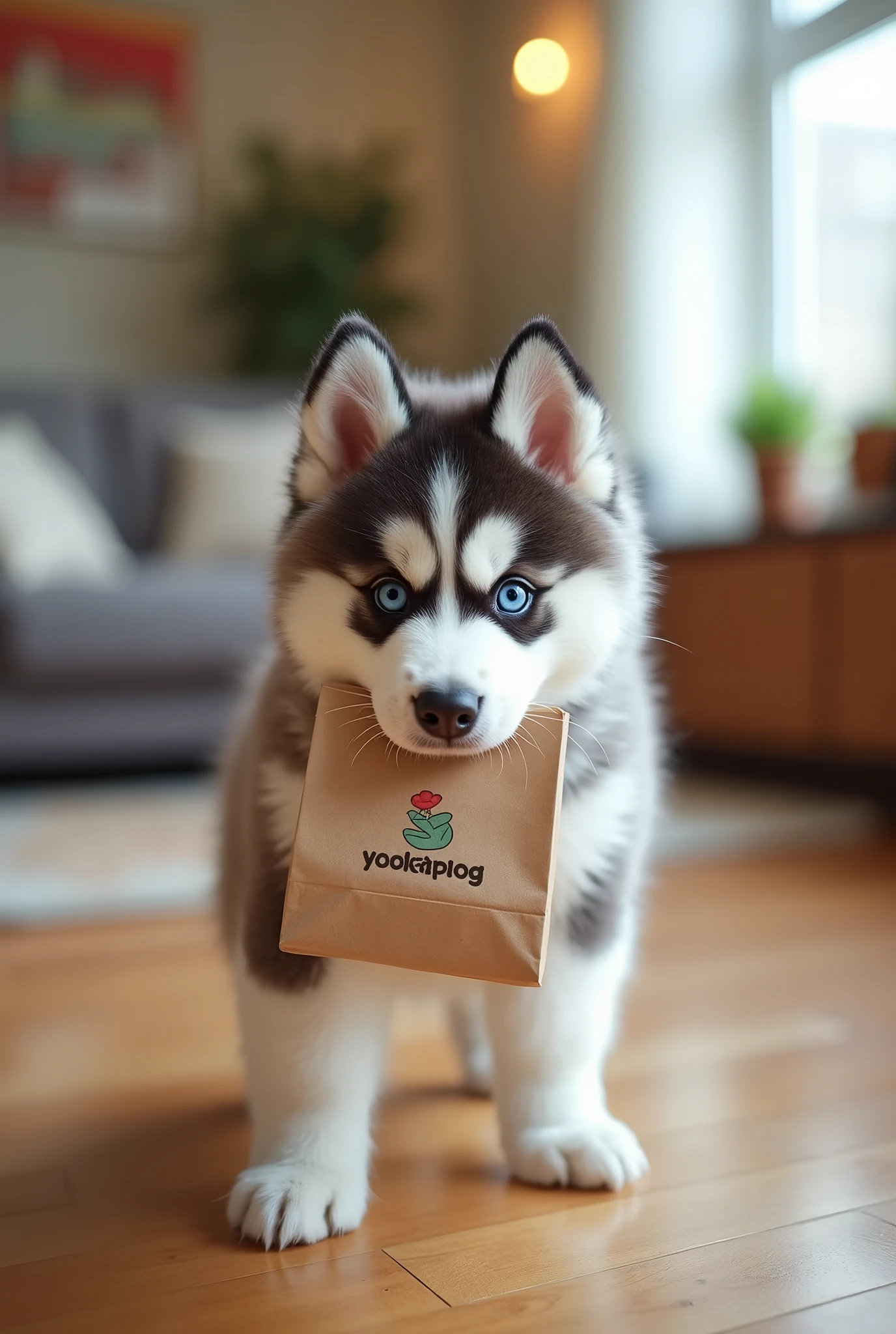 A cute Siberian Husky puppy holding a small paper shopping bag in its mouth. The puppy looks playful and charming, with bright blue eyes and fluffy fur. The shopping bag has a simple design with a small logo on it, and the puppy stands on a clean floor with an innocent, proud expression as if it just helped carry something. The background is a modern room with soft lighting that complements the playful mood.