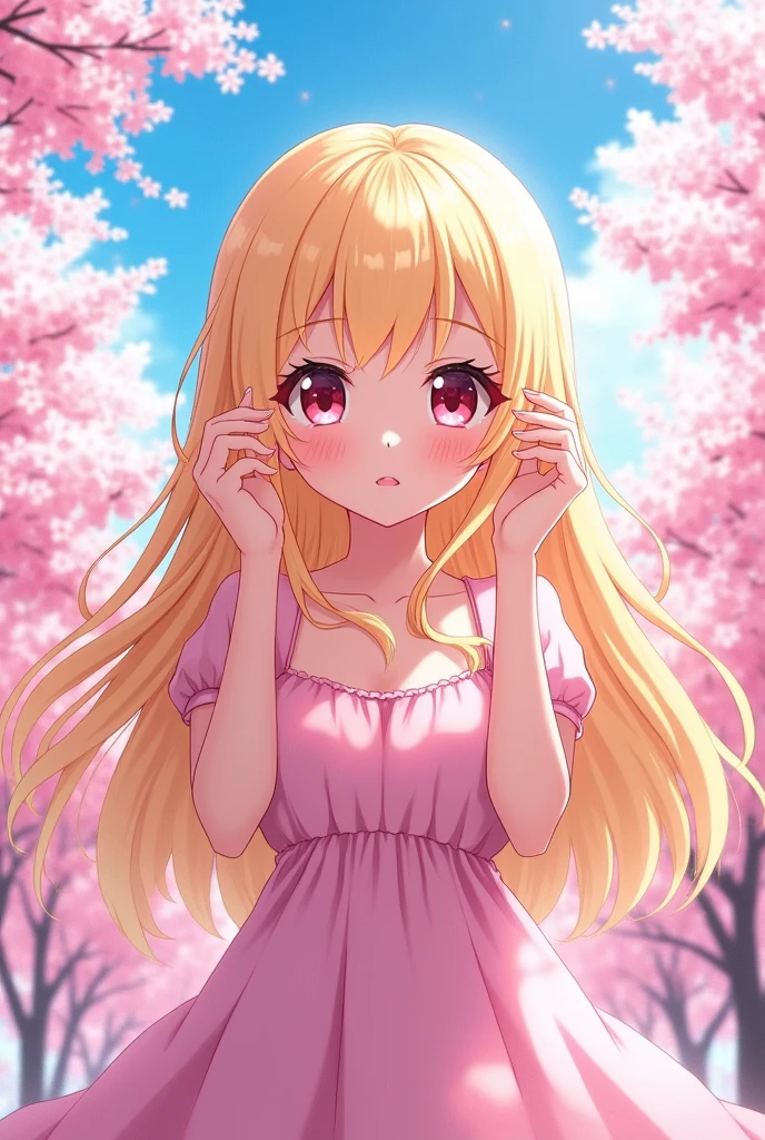 Beautiful blonde girl with fuchsia eyes, anime style