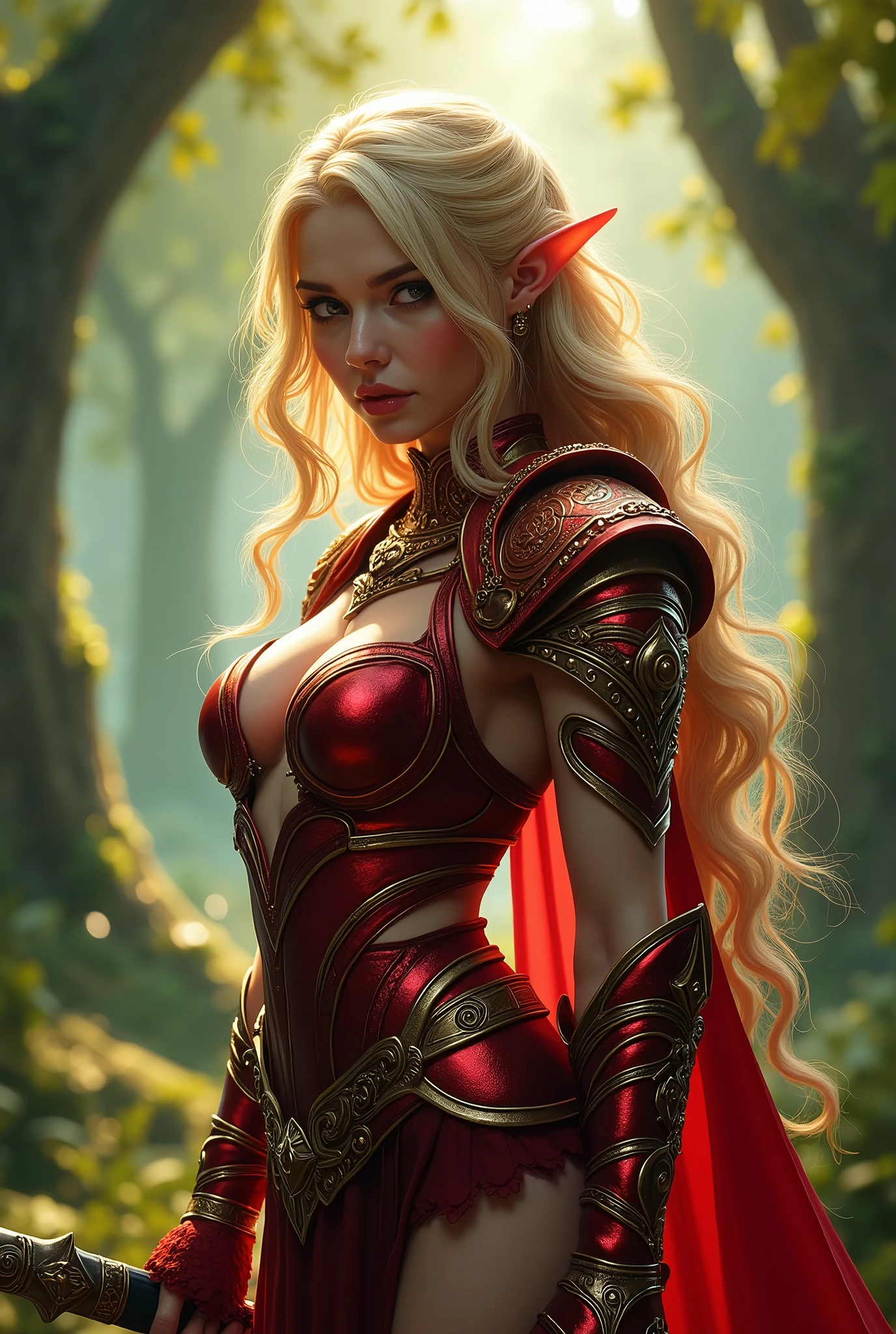 (masterpiece, photorealistic:1.4, extremely intricate:1.3), (photon mapping, radiosity, physically based rendering, ultra resolution, hyper-realistic, photorealistic:1.4, hyper-realistic, 8K), World of Warcraft (((blonde Valeera Sanguinar))) red rogue