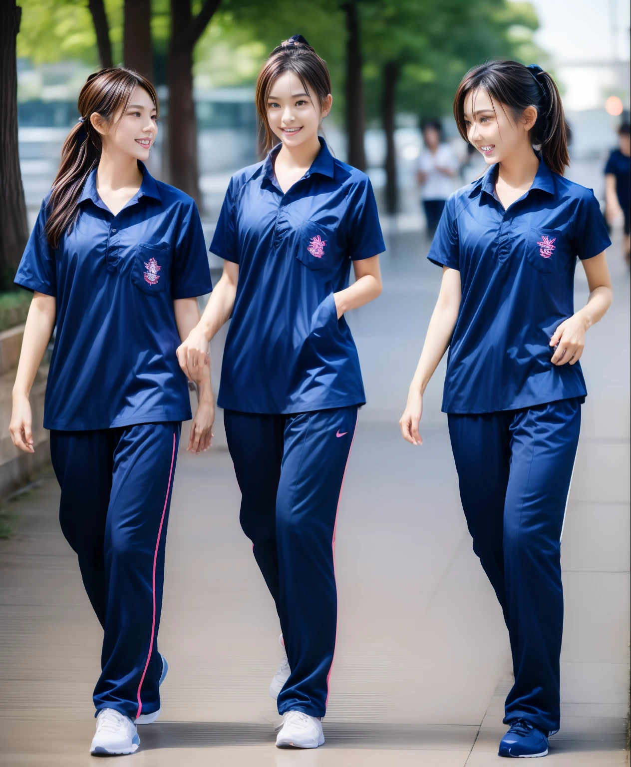 3 girls jogging in sport club, Navy blue short-sleeved shirt,Navy Long Trackpant,Sweatpants, Sweatpantsขายาว,25 year old girl, lesbian, sexy, exercise clothes, wet body, exercise clothes