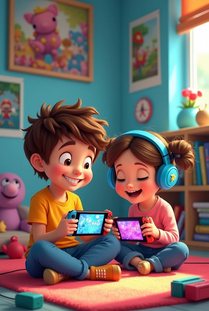 A boy playing with a Nintendo Switch and a girl next to him playing a Nintendo Switch., cartoon