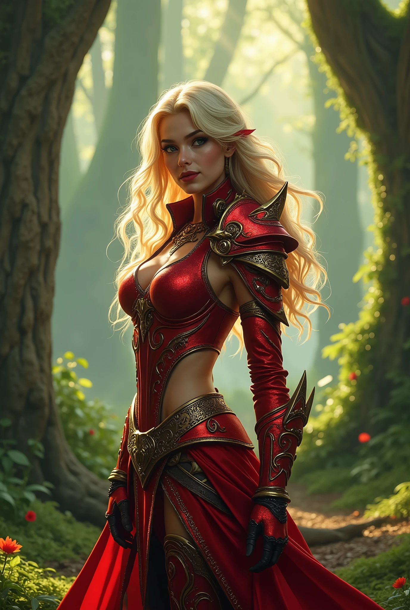 (masterpiece, photorealistic:1.4, extremely intricate:1.3), (photon mapping, radiosity, physically based rendering, ultra resolution, hyper-realistic, photorealistic:1.4, hyper-realistic, 8K), World of Warcraft (((blonde Valeera Sanguinar))) red rogue