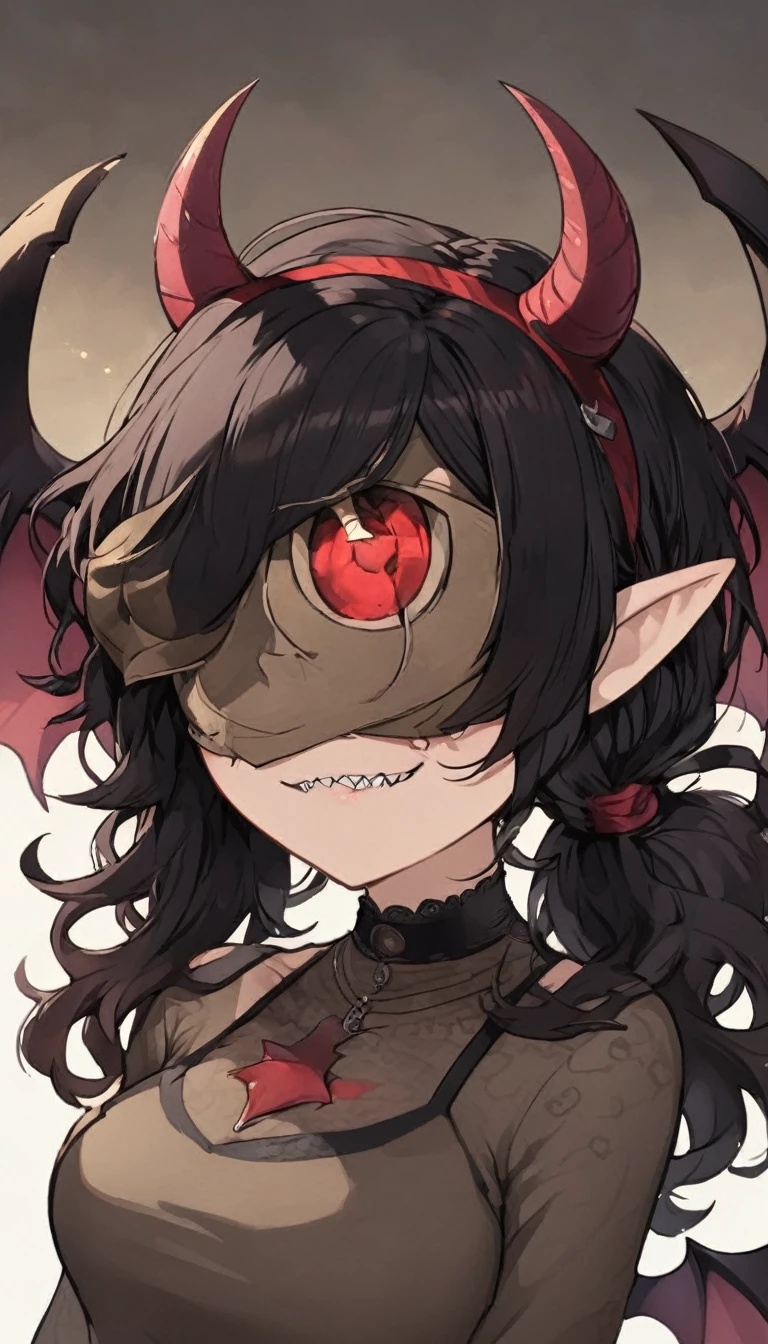 Rosto detalhado, grandes olhos, sharp teeth, hair over eyes, hairband, demon horns, demon wings, long hair, pointy ears, elf, black hair