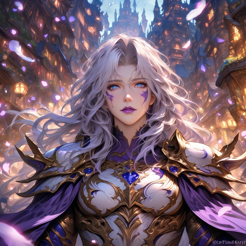 Ultra detailed, highres, absurdres, HDR, master piece, Cecil Harvey, white hair, long hair, expressive blue eyes, purple lips, white armor with purple patterns, purple cape, Final Fantasy IV, petals, fireflies, sexy man, solo, handsome, very detailed face and eyes, best quality, fantasy, magical, realistic face, fantasy city, feathers, close up
