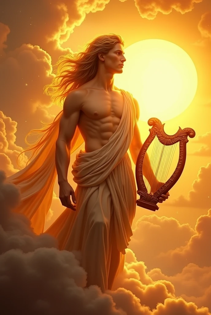 The golden and handsome god Apollo, beside the sun and his harp.
