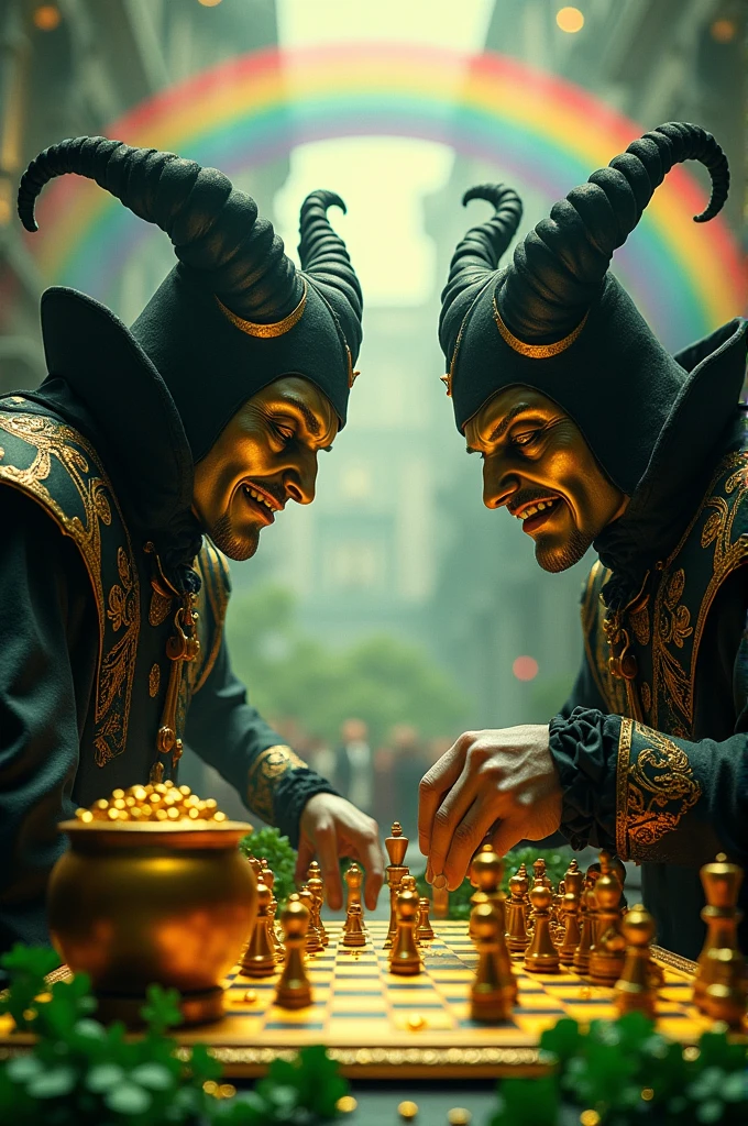((best quality)), ((masterpiece)), (detailed), perfect face Drawing evil outfits playing chess on a golden board on a golden table and next to each of them a pot of gold and quite a lot of Clover,Under a beautiful rainbow