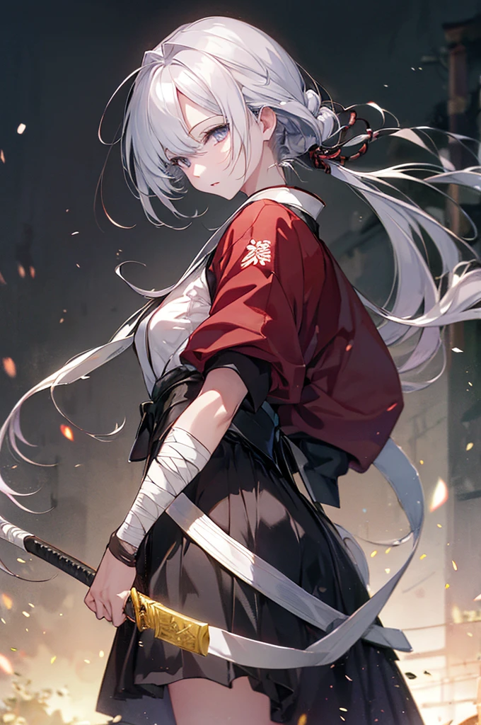 (Highest quality、High resolution、8k、mysterious、masterpiece:1.2)。Yamada Asaeemon。she、The role of testing swords in the Edo period。First to behead、assassination、Executioner。A long Japanese sword on his back。The gleam in his eyes is gone、Hollow。ただし誰が見てもshe剣の達人で、There is a sense of determination that leaves no room for doubt。White hair from stress、Unkempt hair and quite large。She is certainly attractive as a woman。Bandages wrapped around wrists and ankles、Samurai clothing。Samurai。