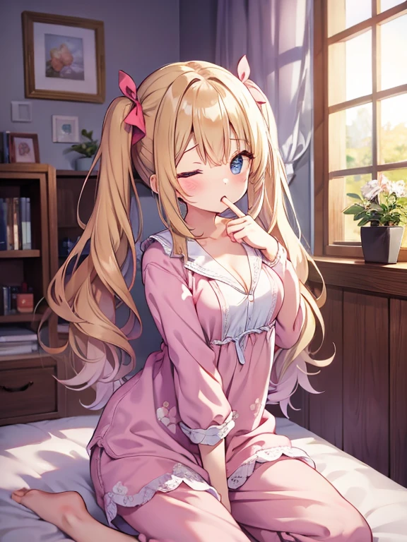 (masterpiece, top quality, super high quality, super high detail, beautiful hair, beautiful eyes, perfect face), girl's room, pretty white based room, morning sun coming through the window, white lace curtains, not wooden room, short twintails hair, blonde hair, very , droopy eyes, heterochromia, pink eye, orange eye, very huge breasts, 145cm tall girl wearing only large pajamas and nothing on the lower half of her body, sitting on the bed with one eye closed, one hand covering her mouth, one arm straight up at an angle, yawning loudly with a big stretch of her back, very sleepy expression, Munchy, half-awake