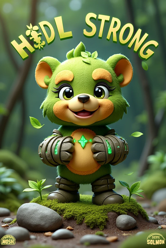 Design a set of 3D stylized stickers for the SOLMON - Solana Monsters series, focused on the Earth/Nature Element characters. Each sticker should feature a SOLMON character depicted in a cute, chibi-style with big, expressive eyes and exaggerated features. The characters should be vibrant and playful, with earthy tones, glowing accents, and small details like leaves, vines, rocks, and earth-element-themed armors or weapons. The armors and weapons should be designed to look sturdy yet cute, reflecting the earth element through textures like stone, wood, and metal with engraved leaf patterns or small plant accents. Moss (Earth Bear): Emotion: Confident (broad smile, rocks glowing) Armor/Weapon: Stone gauntlets with glowing green runes Text: "HODL Strong", Water Mark: "SOLMON"