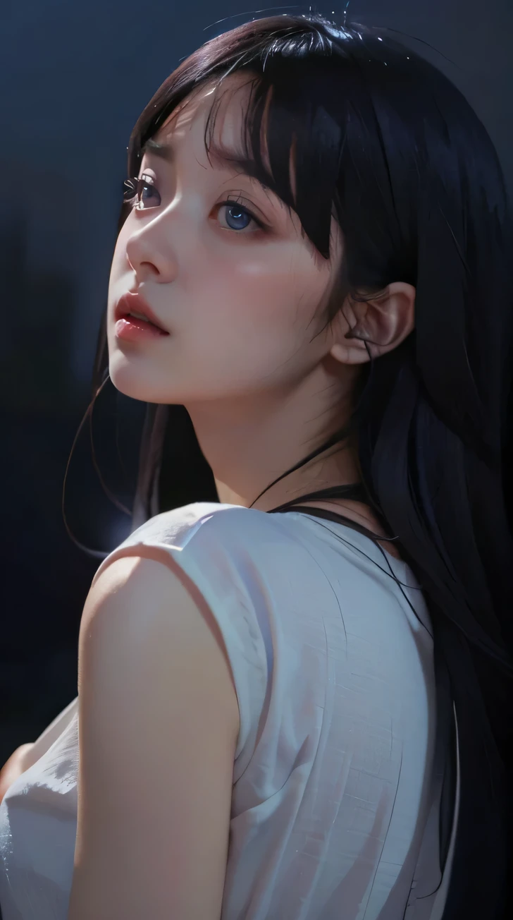 (extremely detailed CG unity 8k wallpaper, masterpiece, best quality, ultra-detailed), low key lighting, dynamic pose, focused studying, (1girl), large breasr, beautiful and serene expression, peaceful stillness, tranquil environment, dark blue glow.