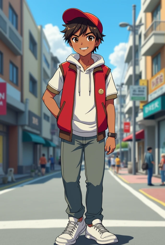 He has short brown hair above his ears and wears a red cap.、A dark-skinned Japanese man in his late teens。The outfit is a white short-sleeved hoodie with a red short-sleeved vest with brown sleeves.、Wearing grey trousers、Wearing white sneakers。He was looking at me and grinning.、There is a mole on her mouth。The eyes are a dark brown、with a sharp, slanted shape and slightly narrowed.。Anime style illustrations。