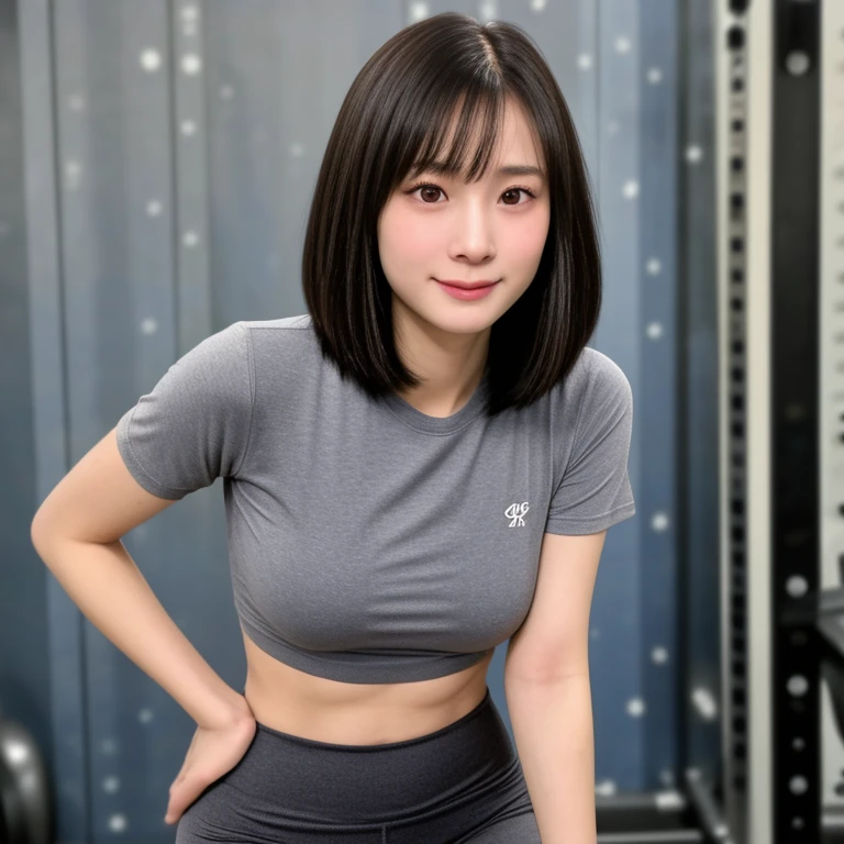 (kawaii 24 year-old Japanese girl, Nogizaka idol, Korean idol), healthy female athlete body, (glossy black hair, short hair, pixie cut, bangs:1.3), (rounded face, pure black eyes, single eyelid, no makeup, soft smile:1.2), (wearing training shirt, grey sports leggings:1.3), extra small breasts, well shaped hip, (slim waist, thigh gap:0.9), BREAK, (sports gym background:1.3), (looking at viewer, dynamic angle, close shot:1.2), BREAK, (masterpiece, best quality, photo realistic, official art:1.4), (UHD, 8K quality wallpaper, high resolution, raw photo, golden ratio:1.3), (shiny skin), professional lighting, physically based rendering, award winning, (highly detailed skin, extremely detailed face and eyes, anatomically correct body), Carl Zeiss 85 mm F/1.4, depth of field, 1girl, solo,