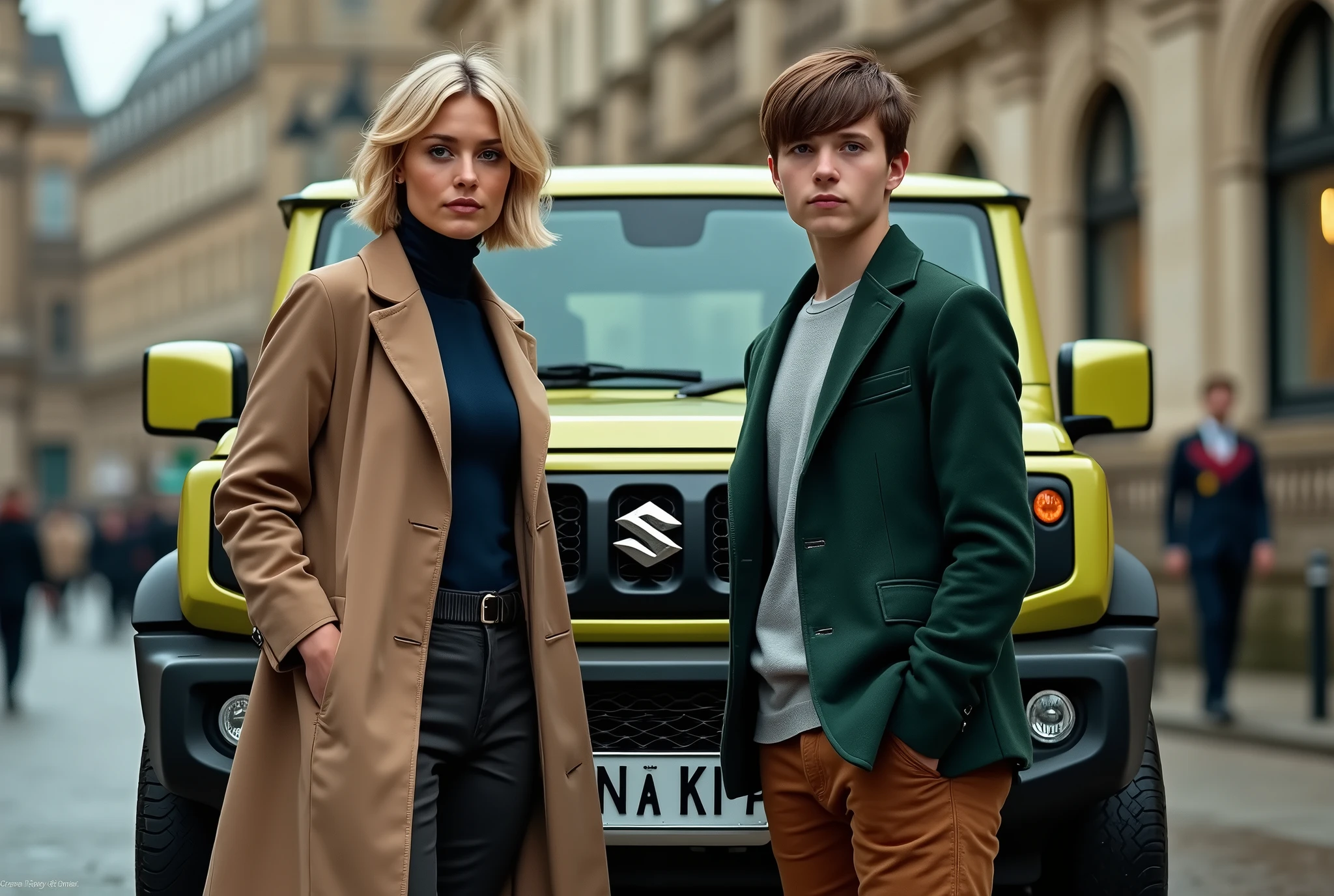 Side view, bond car is a Suzuki Jimny-Sierra Light Green, Environmentally friendly, A commemorative photo with new 007 and bond boy is Posing the car, ((1 woman and 1 boy is existence) ), (1 Scottish woman , 30 age ,gold hair, short cut, wearing Navy Blue blazer jacket, white turtleneck sweater, Navy Blue pants, brown Burberry rain overcoat, brown shoes ),(1 Scottish boy, 18 age, brown hair, short cut, green brazer, brown pants, brown shoes ), front MI 6 building in London , ((super detail, high details, high quality, accurate, anatomically correct, textured skin, beautiful fingers super detail, high details, high quality, best quality))