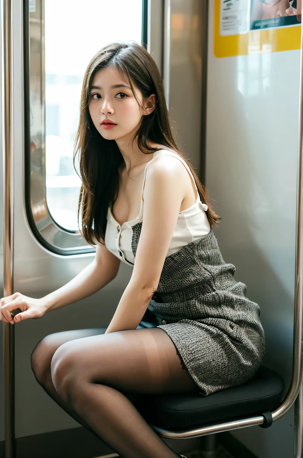 (masterpiece, Highest quality, 8K, RAW Photos, beautifully、aesthetic:1.2), Intricate details, indirect lighting, Realistic,
whole body, Sitting on a chair on the train、Staring at the viewers、Voyeur、
Square neck button-down linen sundress, (Ultra-realistic pantyhose)、
Training women , Chair to sit under skirt,ローアングル