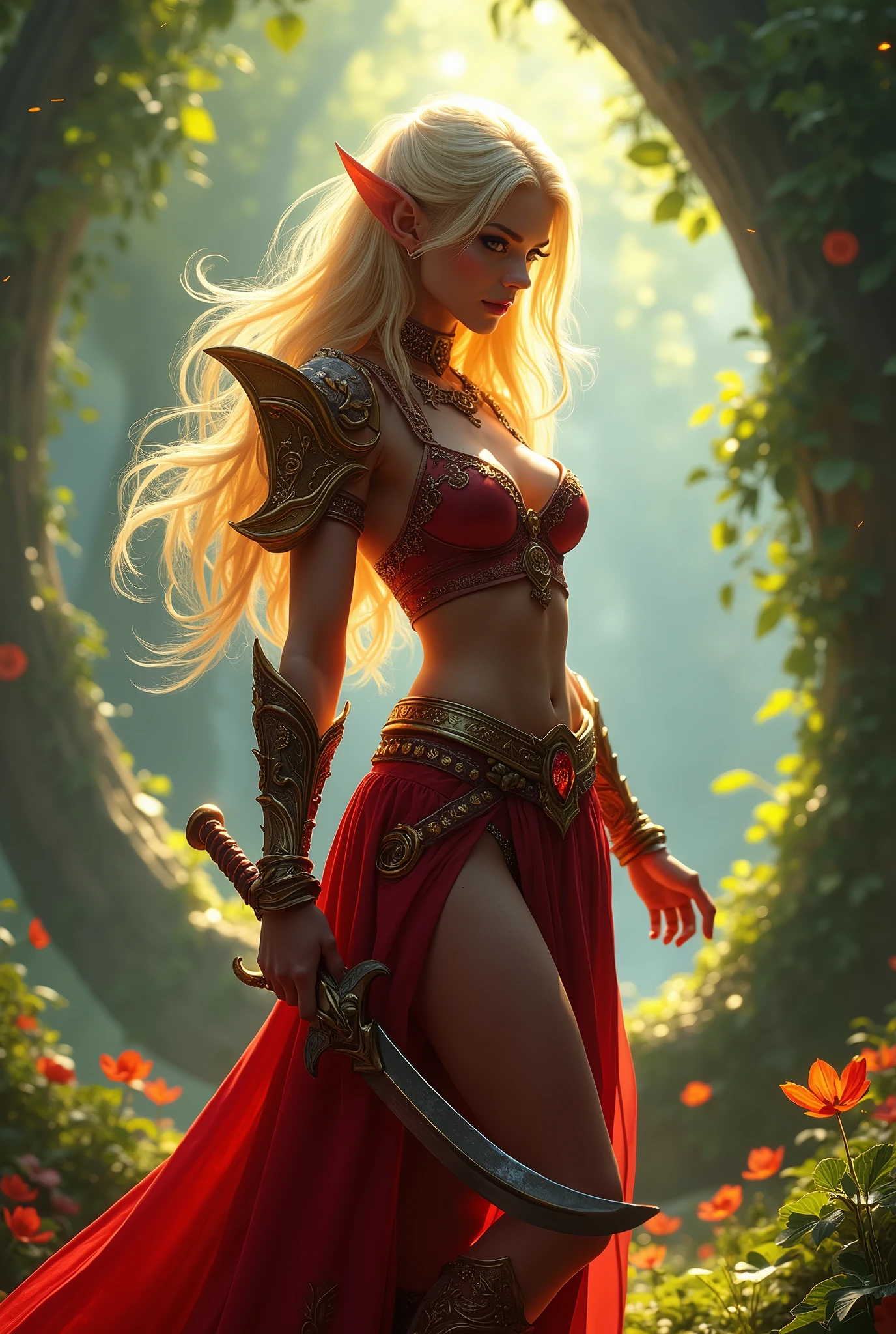 (masterpiece, photorealistic:1.4, extremely intricate:1.3), (photon mapping, radiosity, physically based rendering, ultra resolution, hyper-realistic, photorealistic:1.4, hyper-realistic, 8K), World of Warcraft (((blonde buxom human))) red rogue