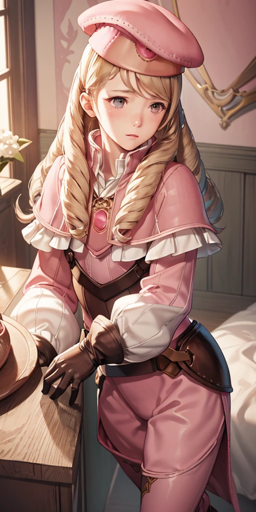 masterpiece, best quality, feforrest, otoko no ko, beret, pink capelet, pink tunic, white pants, brown gloves, upper body, looking at viewer, shy, from above, mansion, room, finely decorated room, pink theme