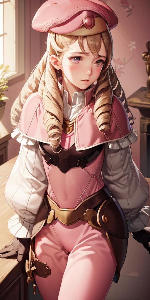 masterpiece, best quality, feforrest, otoko no ko, beret, pink capelet, pink tunic, white pants, brown gloves, upper body, looking at viewer, shy, from above, mansion, room, finely decorated room, pink theme