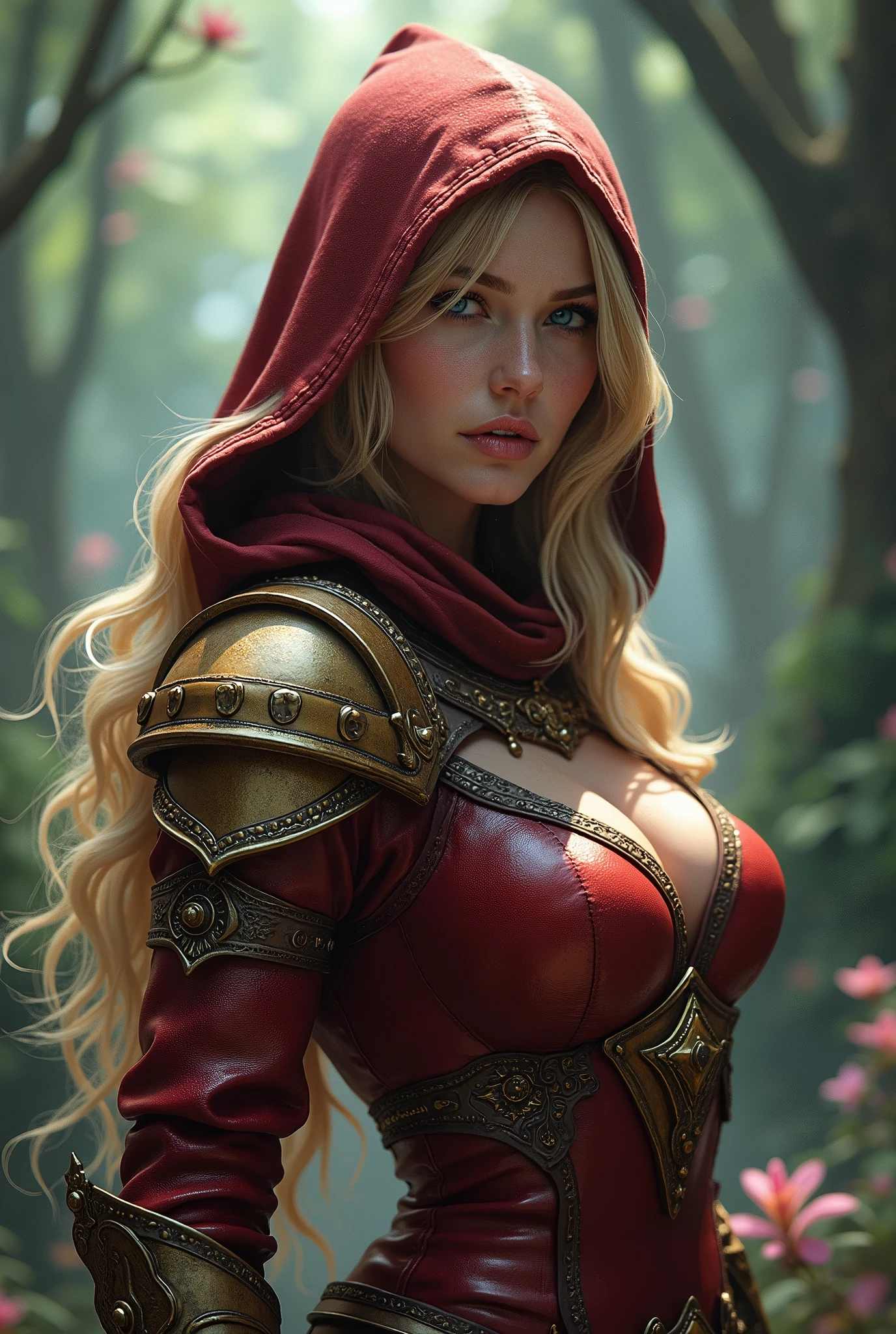 A cybernetic woman, with a perfect sculptural whole body, realistic, belly appearing, (large and perfect breasts), neckline, 3d, with hood on the head and a cape, and a red visor in the right eye, anime style 3d, ultra realistic, HD,