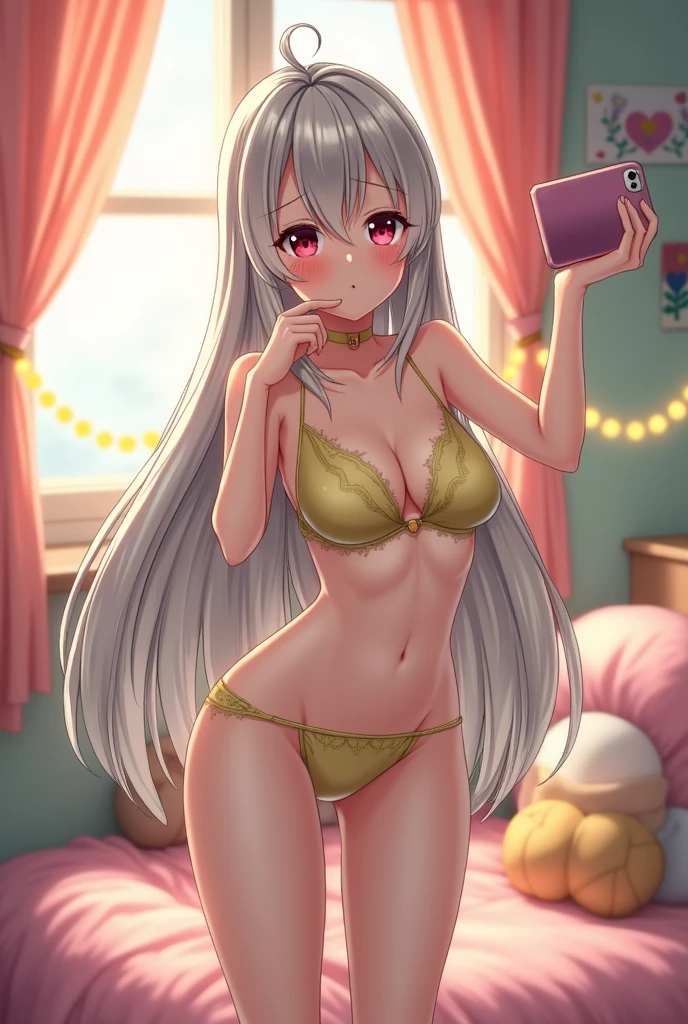 anime girl, by white, Red eyes, in yellow lingerie , taking an embarrassed selfie