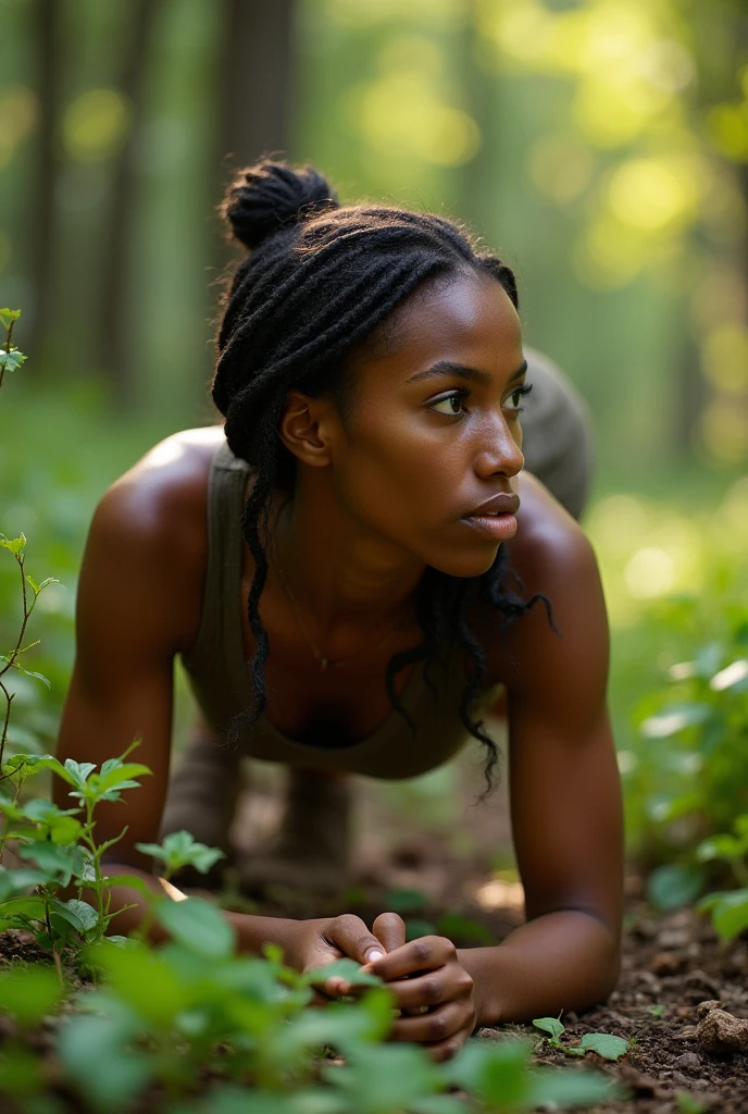 Solo, female focus, (masterpiece, ultra quality, high resolution, 8k, intricate: 1.2), (detailed face:1.2), majestic, Young American woman, detailed skin, ((realistic)), (Crawling on All Fours, Kneeling), topless