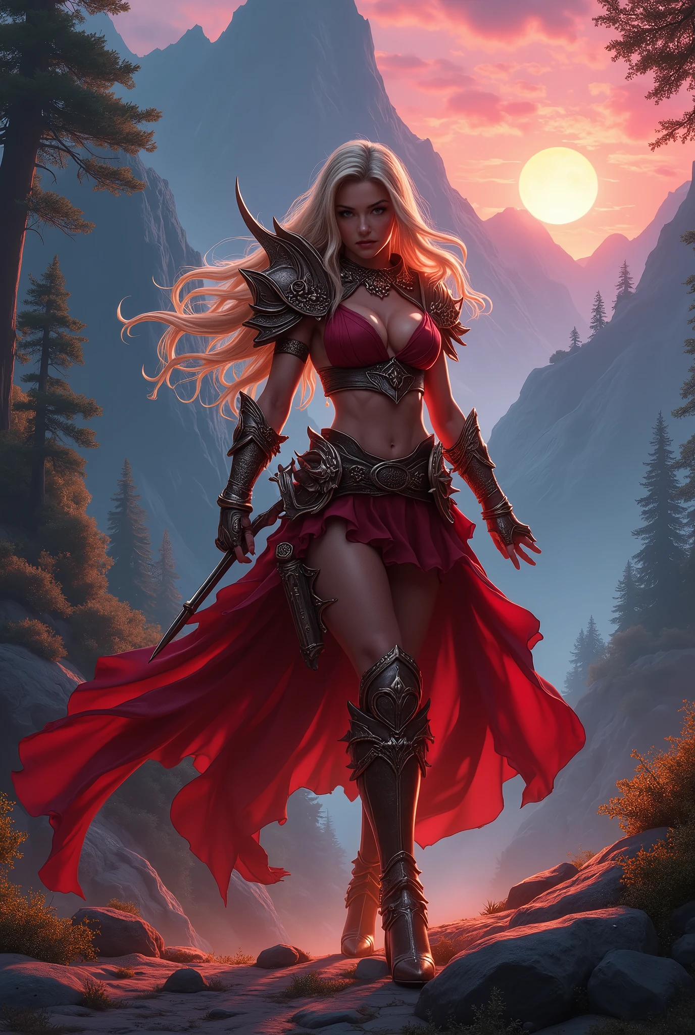 (masterpiece, photorealistic:1.4, extremely intricate:1.3), (photon mapping, radiosity, physically based rendering, ultra resolution, hyper-realistic, photorealistic:1.4, hyper-realistic, 8K), World of Warcraft (((blonde buxom human))) red rogue