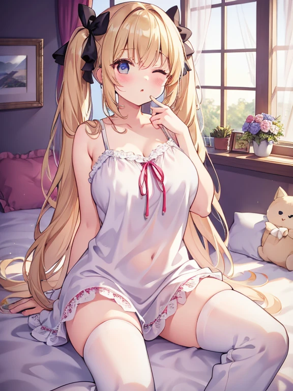 (masterpiece, top quality, super high quality, super high detail, beautiful hair, beautiful eyes, perfect face), girl's room, pretty white based room, morning sun coming through the window, white lace curtains, not wooden room, short twintails hair, blonde hair, very baby face, droopy eyes, heterochromia, pink eye, orange eye, very huge breasts, 145cm tall girl wearing only large pajamas and nothing on the lower half of her body, sitting on the bed with one eye closed, one hand covering her mouth, one arm straight up at an angle, yawning loudly with a big stretch of her back, very sleepy expression, Munchy, half-awake