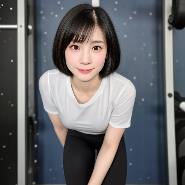 (kawaii 24 year-old Japanese girl, Nogizaka idol, Korean idol), healthy female athlete body, (glossy black hair, short hair, pixie cut, bangs:1.3), (rounded face, pure black eyes, single eyelid, no makeup, soft smile:1.2), (wearing training shirt, grey sports leggings:1.3), extra small breasts, well shaped hip, (slim waist, thigh gap:0.9), BREAK, (sports gym background:1.3), (looking at viewer, dynamic angle, close shot:1.2), BREAK, (masterpiece, best quality, photo realistic, official art:1.4), (UHD, 8K quality wallpaper, high resolution, raw photo, golden ratio:1.3), (shiny skin), professional lighting, physically based rendering, award winning, (highly detailed skin, extremely detailed face and eyes, anatomically correct body), Carl Zeiss 85 mm F/1.4, depth of field, 1girl, solo,